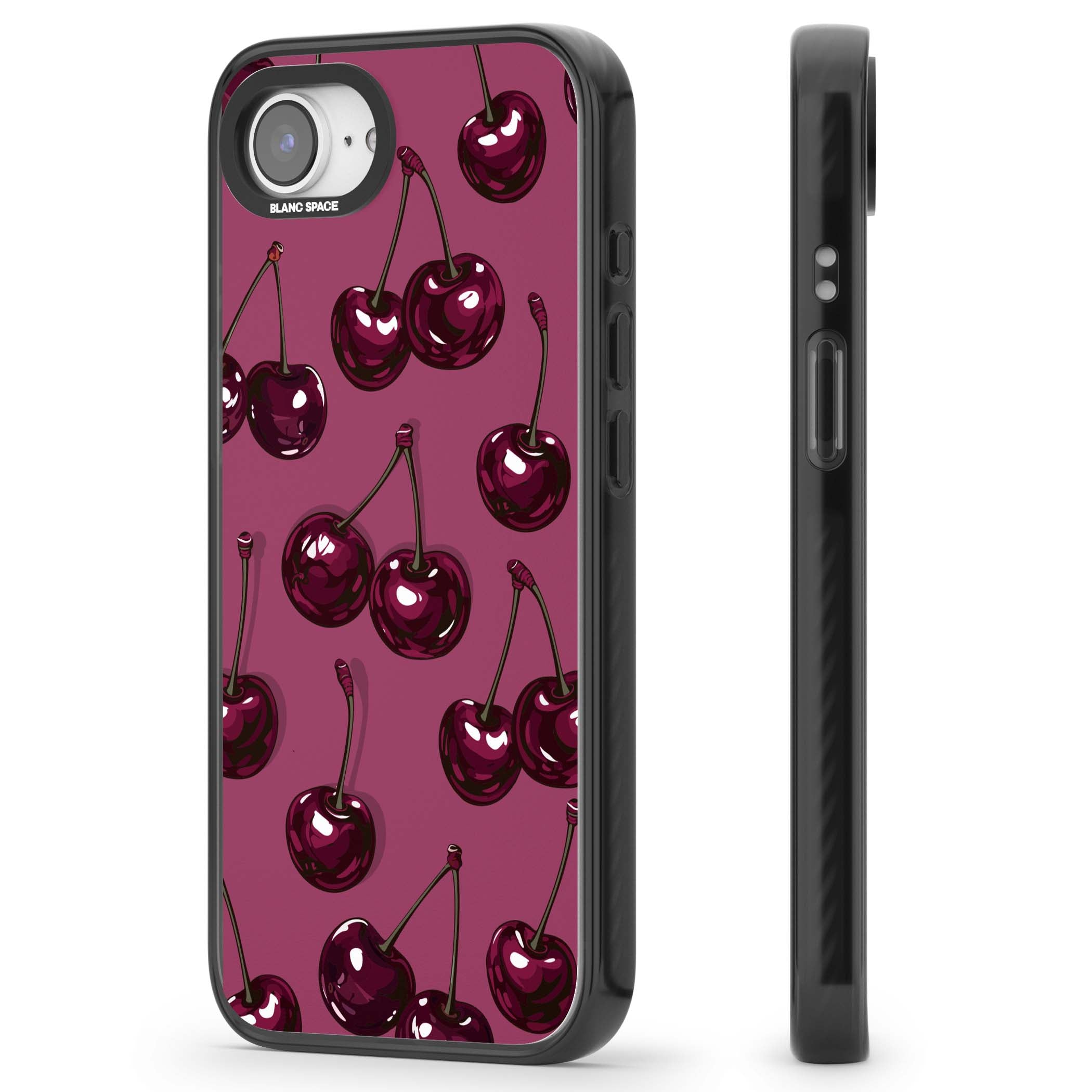 Cherry Soda coquette iPhone case featuring glossy burgundy cherries on a dusty pink background | Black Impact Magsafe case for iPhone 16e, iPhone 17e