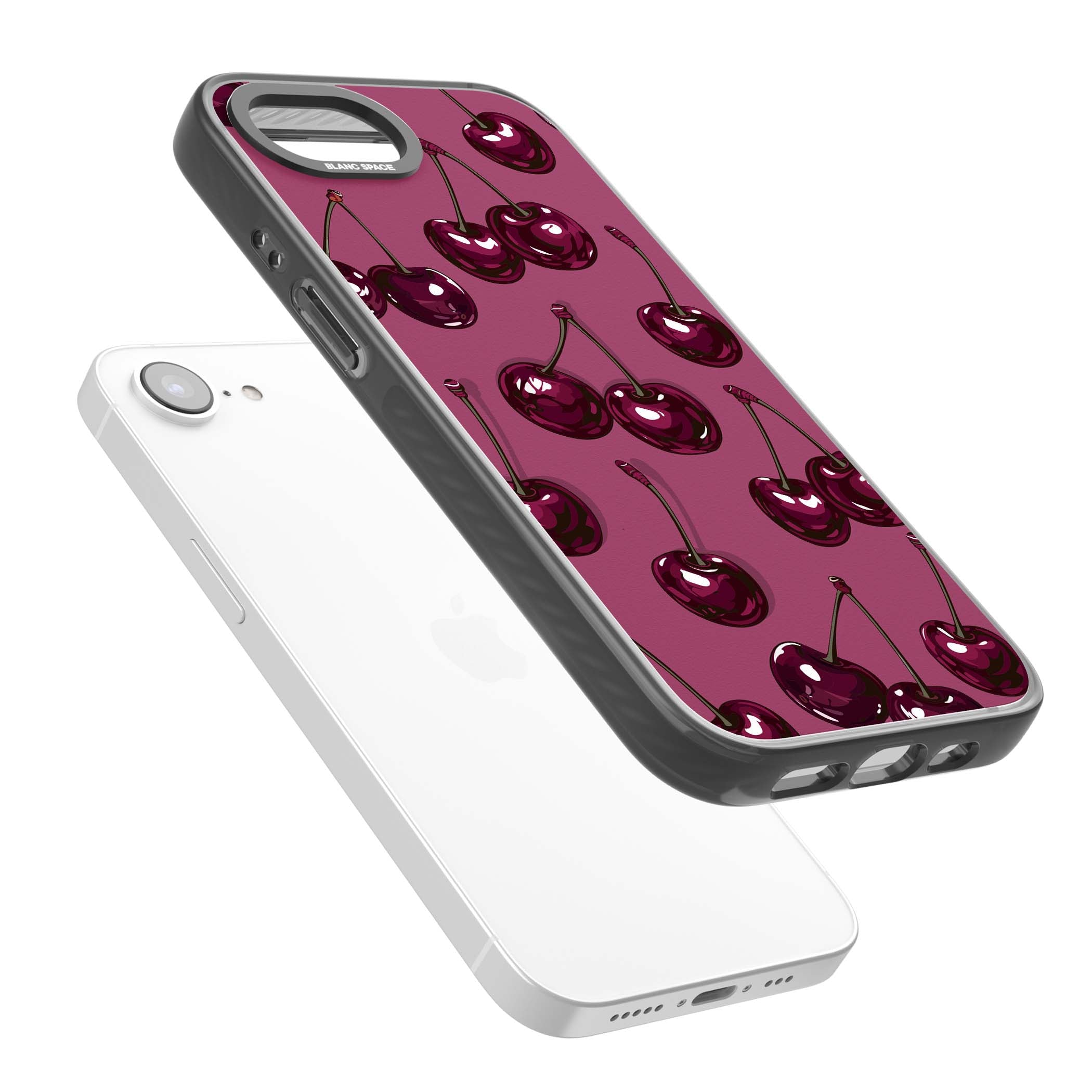 Cherry Soda coquette iPhone case featuring glossy burgundy cherries on a dusty pink background | Black Impact Magsafe case for iPhone 16e, iPhone 17e