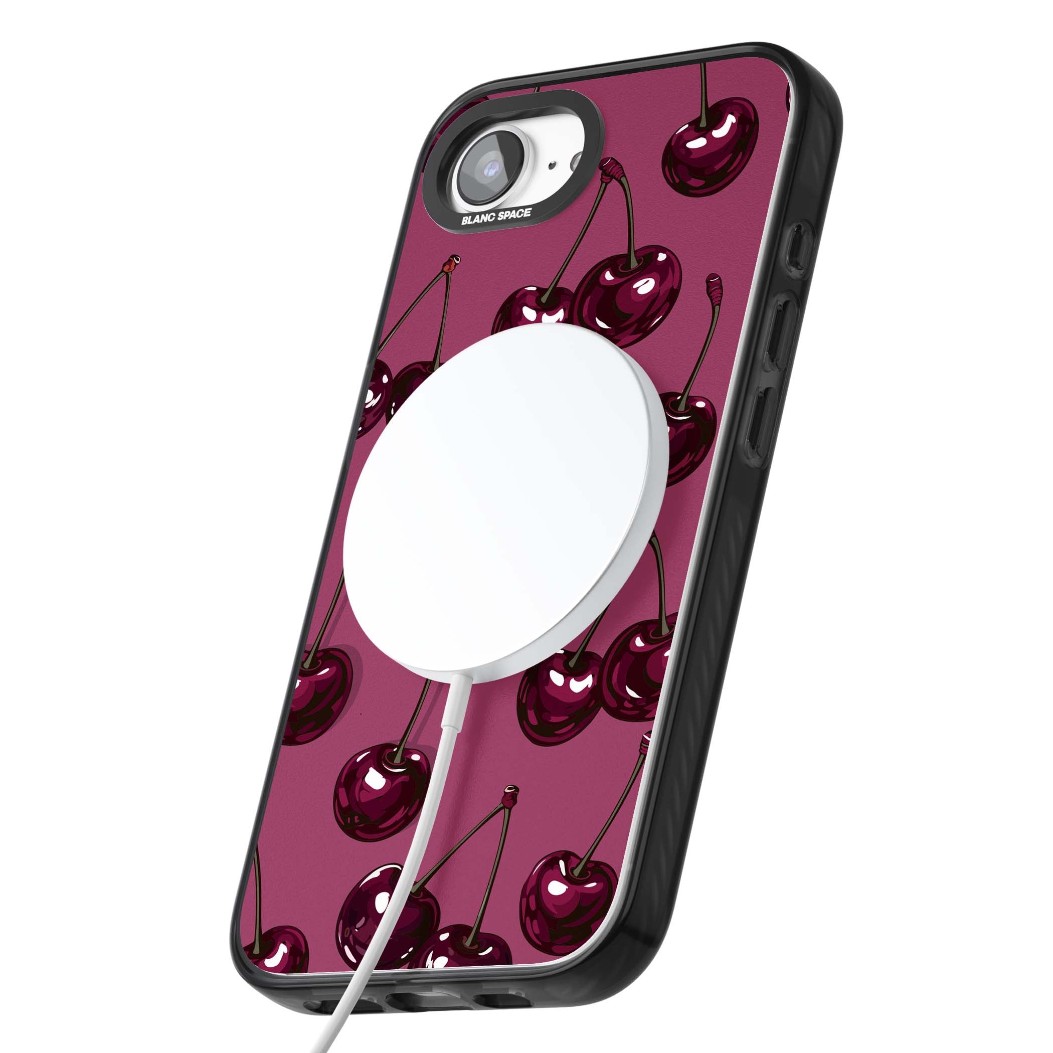 Cherry Soda coquette iPhone case featuring glossy burgundy cherries on a dusty pink background | Black Impact Magsafe case for iPhone 16e, iPhone 17e