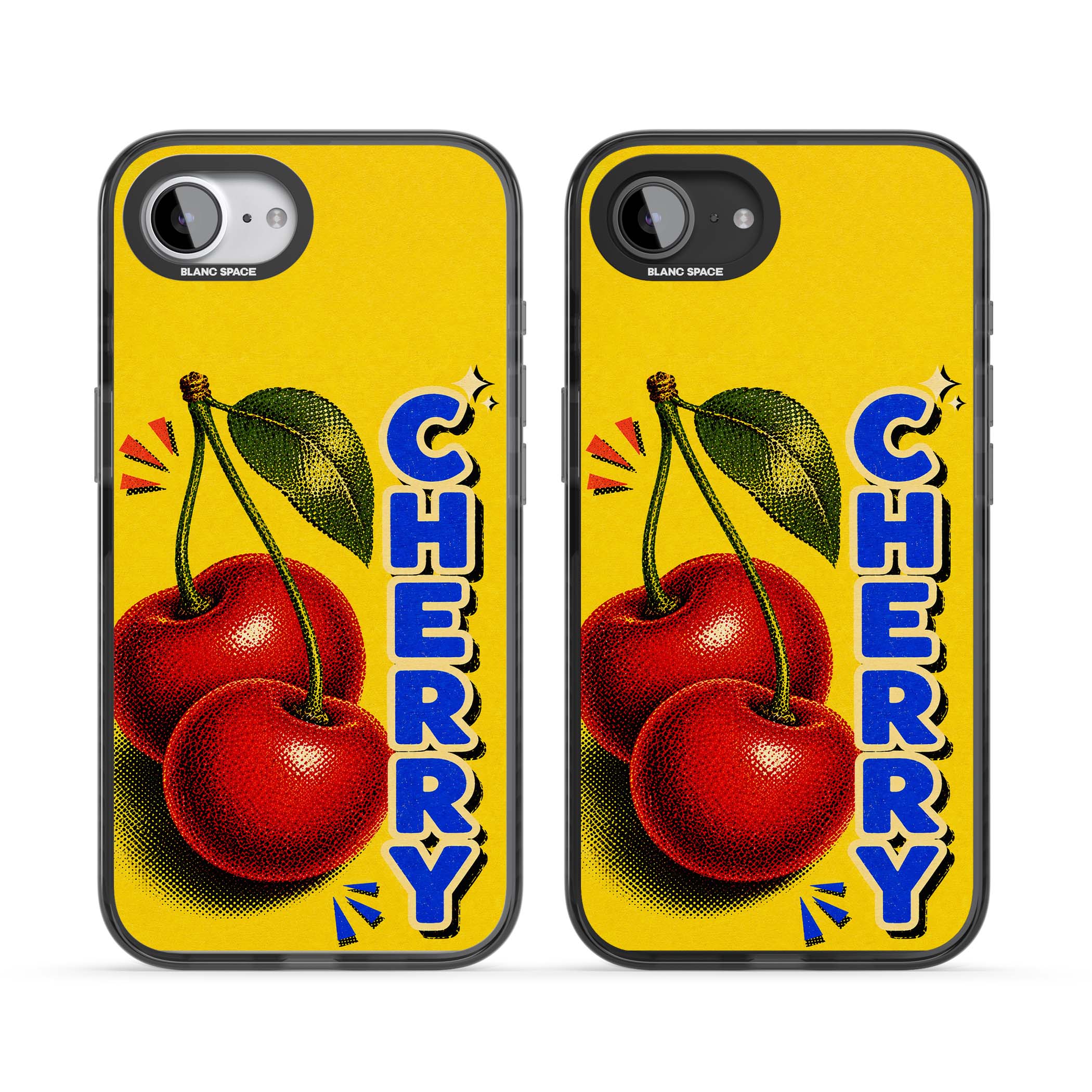 Cherry Yellow y2k iPhone case featuring two red cherries, halftone shading and bold blue CHERRY lettering on yellow | Black Impact Magsafe case for iPhone 16e, iPhone 17e