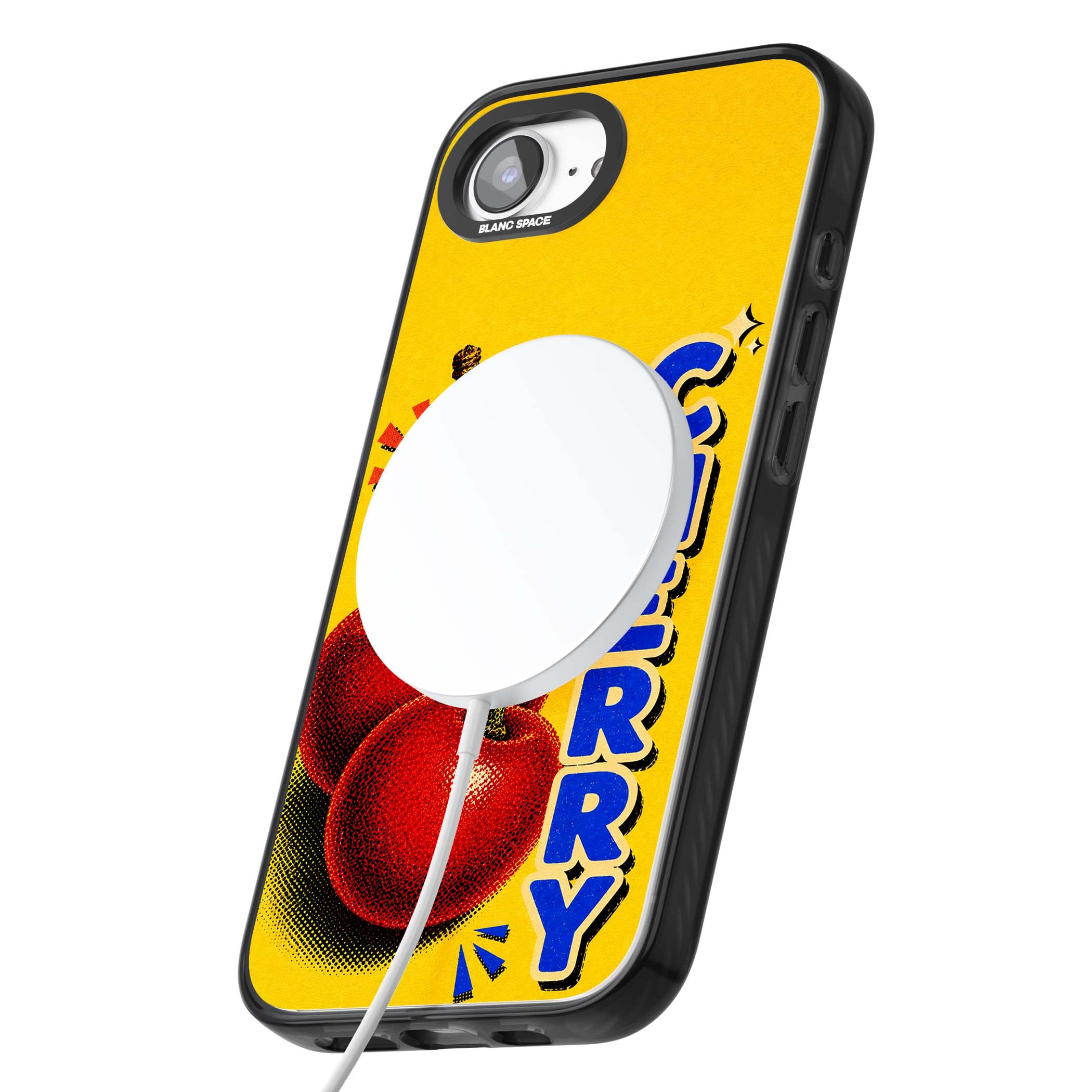 Cherry Yellow y2k iPhone case featuring two red cherries, halftone shading and bold blue CHERRY lettering on yellow | Black Impact Magsafe case for iPhone 16e, iPhone 17e