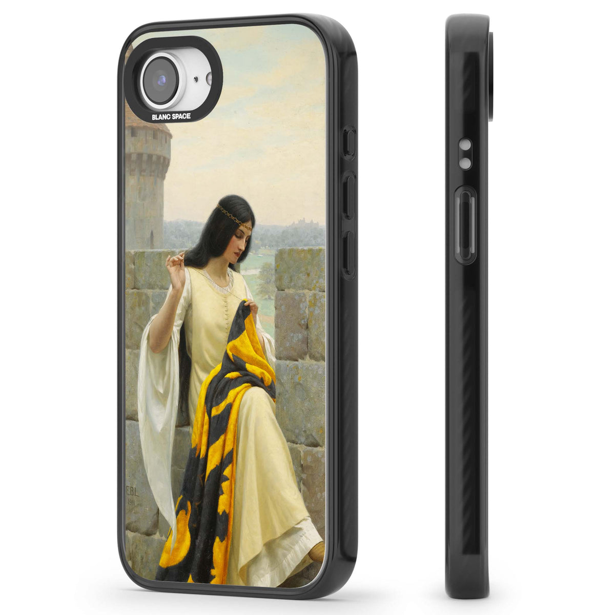 Stitching the Standard renaissance art iPhone case featuring a medieval lady sewing a golden banner on a castle wall | Black Impact Magsafe case for iPhone 16e, iPhone 17e