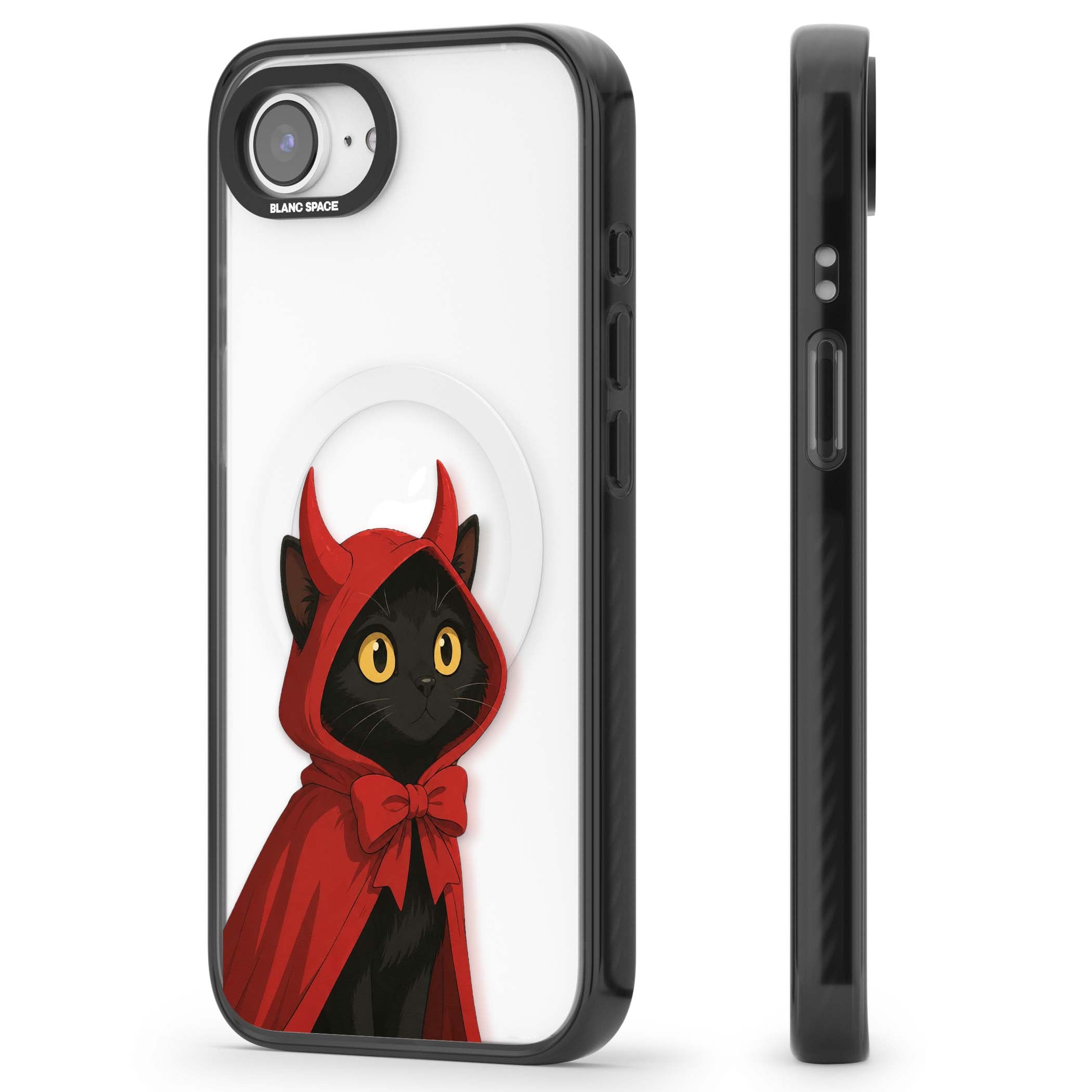 Little Devil halloween iPhone case featuring a black cat in a red hooded devil cloak with horns and golden eyes | Black Impact Magsafe case for iPhone 16e, iPhone 17e