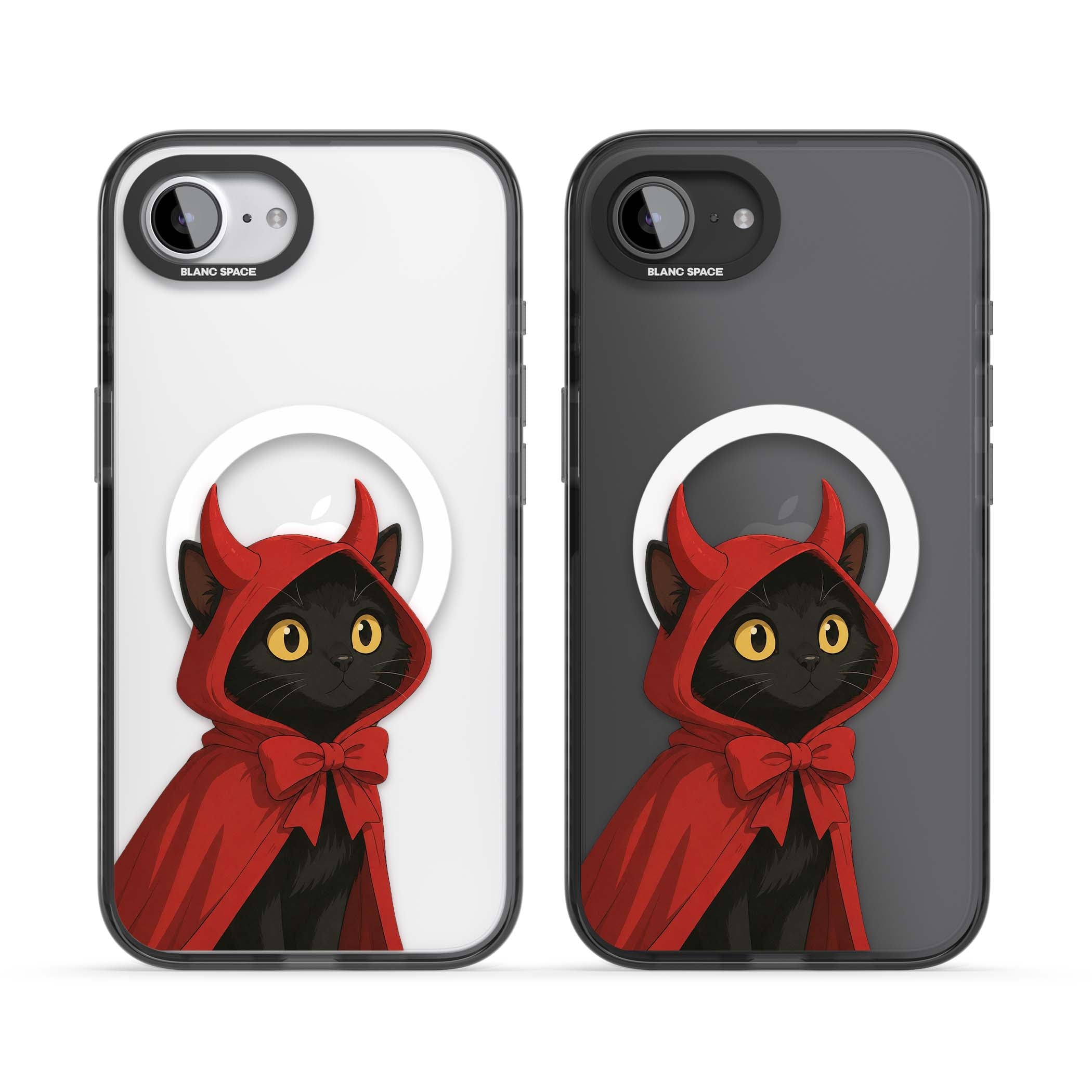 Little Devil halloween iPhone case featuring a black cat in a red hooded devil cloak with horns and golden eyes | Black Impact Magsafe case for iPhone 16e, iPhone 17e