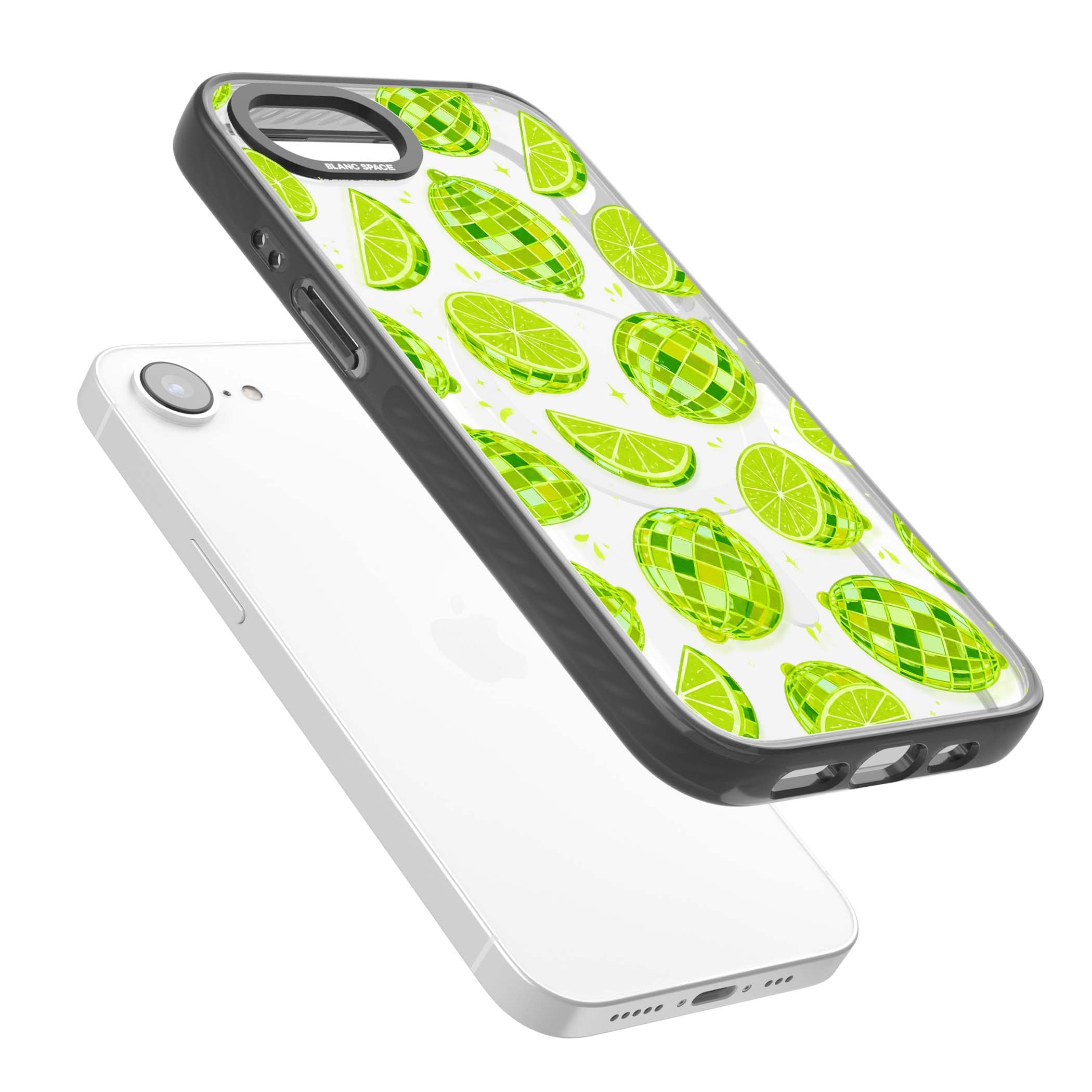 Disco Limes fruit aesthetic iPhone case featuring green disco balls, lime slices and citrus sparkles | Black Impact Magsafe case for iPhone 16e, iPhone 17e