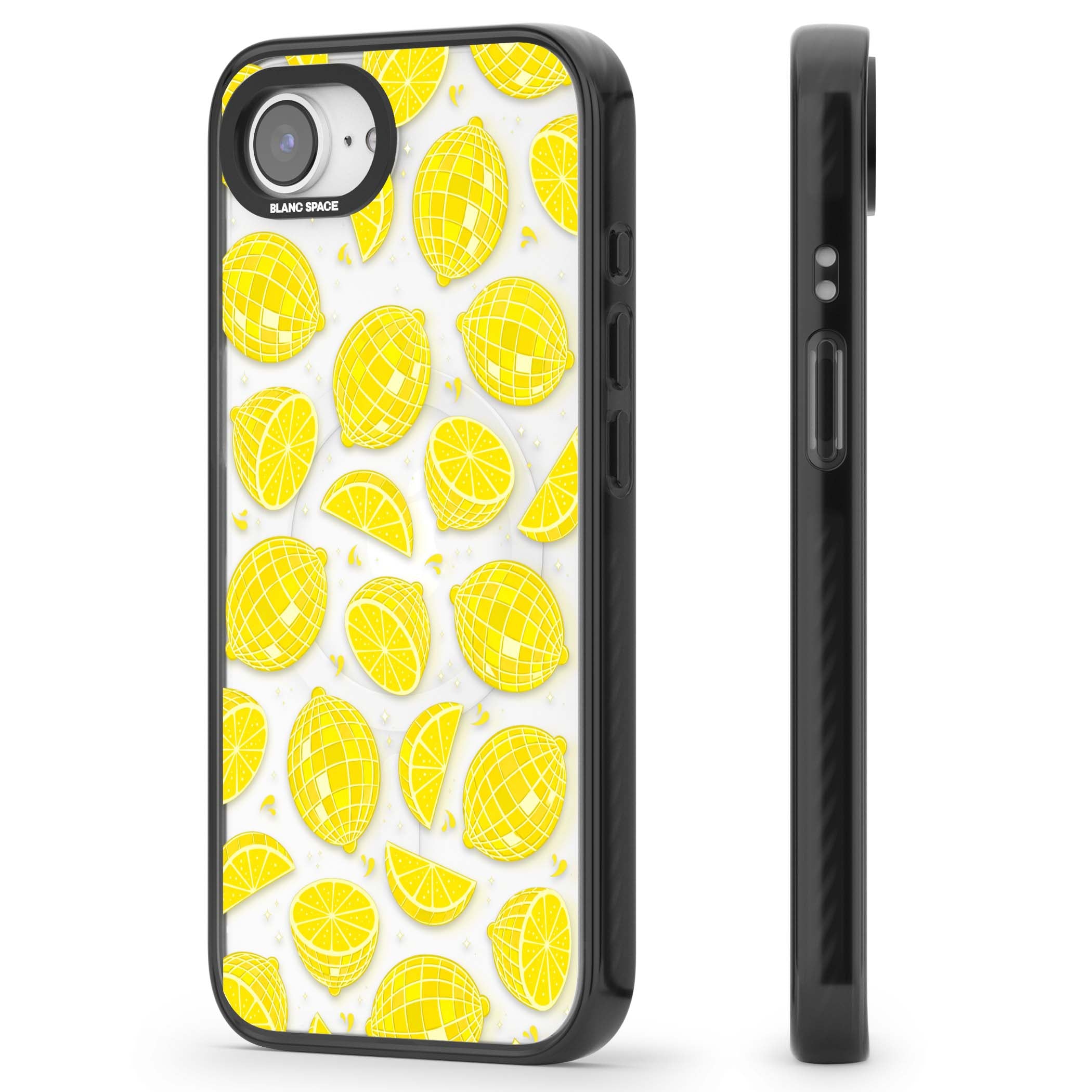 Disco Lemons citrus iPhone case featuring mirrorball lemons, sliced fruit and sparkle accents | Black Impact Magsafe case for iPhone 16e, iPhone 17e