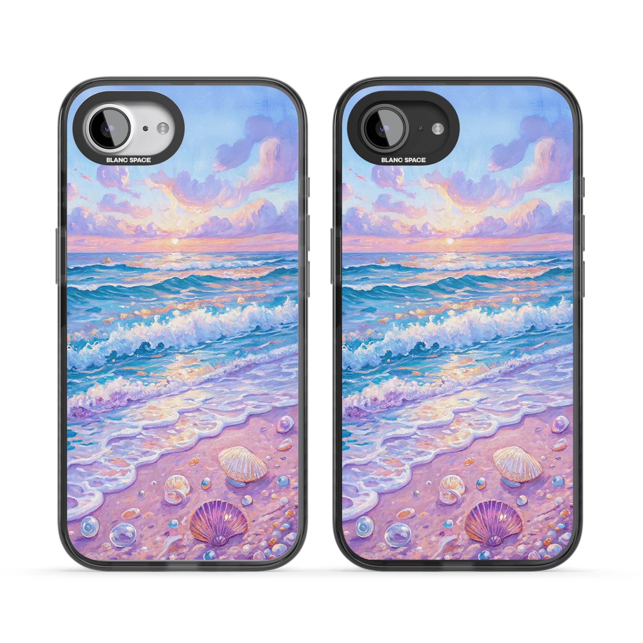 Pearl Shore coastal iPhone case featuring pastel painted waves, seashells, and a sunrise sky over a lavender beach. | Black Impact Magsafe case for iPhone 16e, iPhone 17e