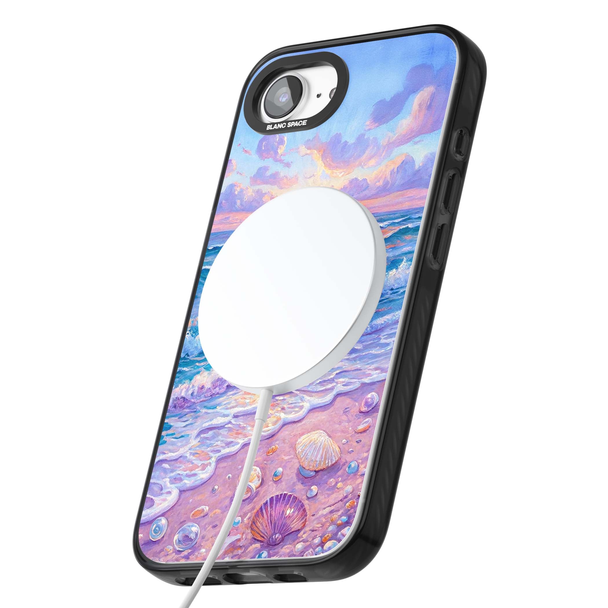 Pearl Shore coastal iPhone case featuring pastel painted waves, seashells, and a sunrise sky over a lavender beach. | Black Impact Magsafe case for iPhone 16e, iPhone 17e