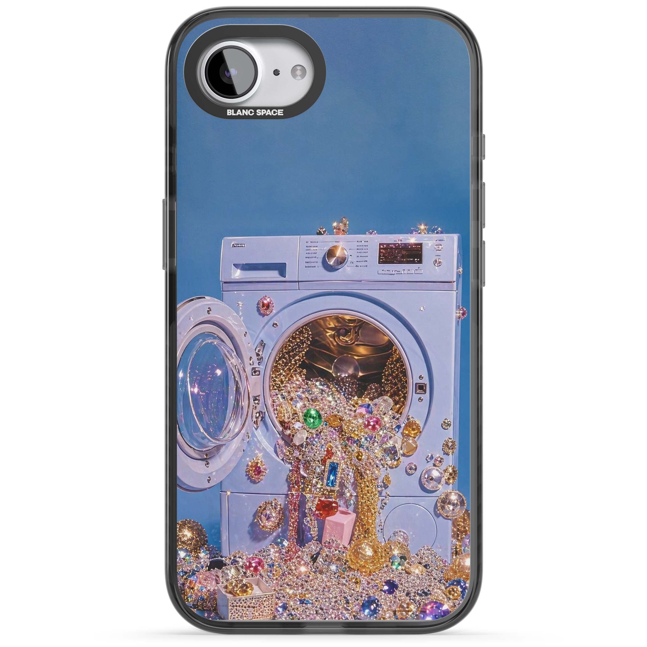 Gem Laundry baddie iPhone case featuring a surreal washing machine overflowing with colourful gemstones and crystals | Black Impact Magsafe case for iPhone 16e, iPhone 17e