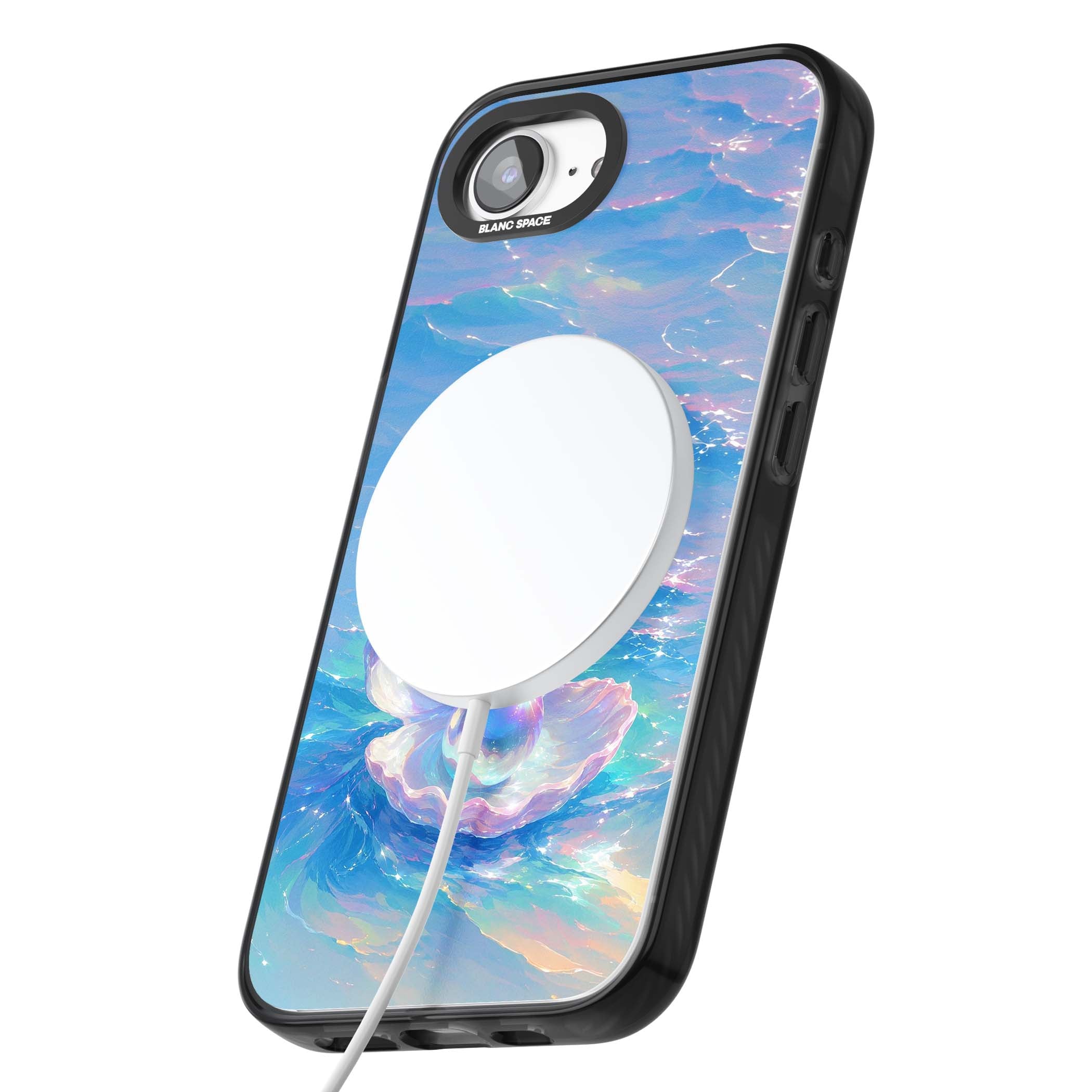 The Pearl Clam mermaidcore iPhone case featuring iridescent seashell, glowing pearl and pastel ocean waves | Black Impact Magsafe case for iPhone 16e, iPhone 17e