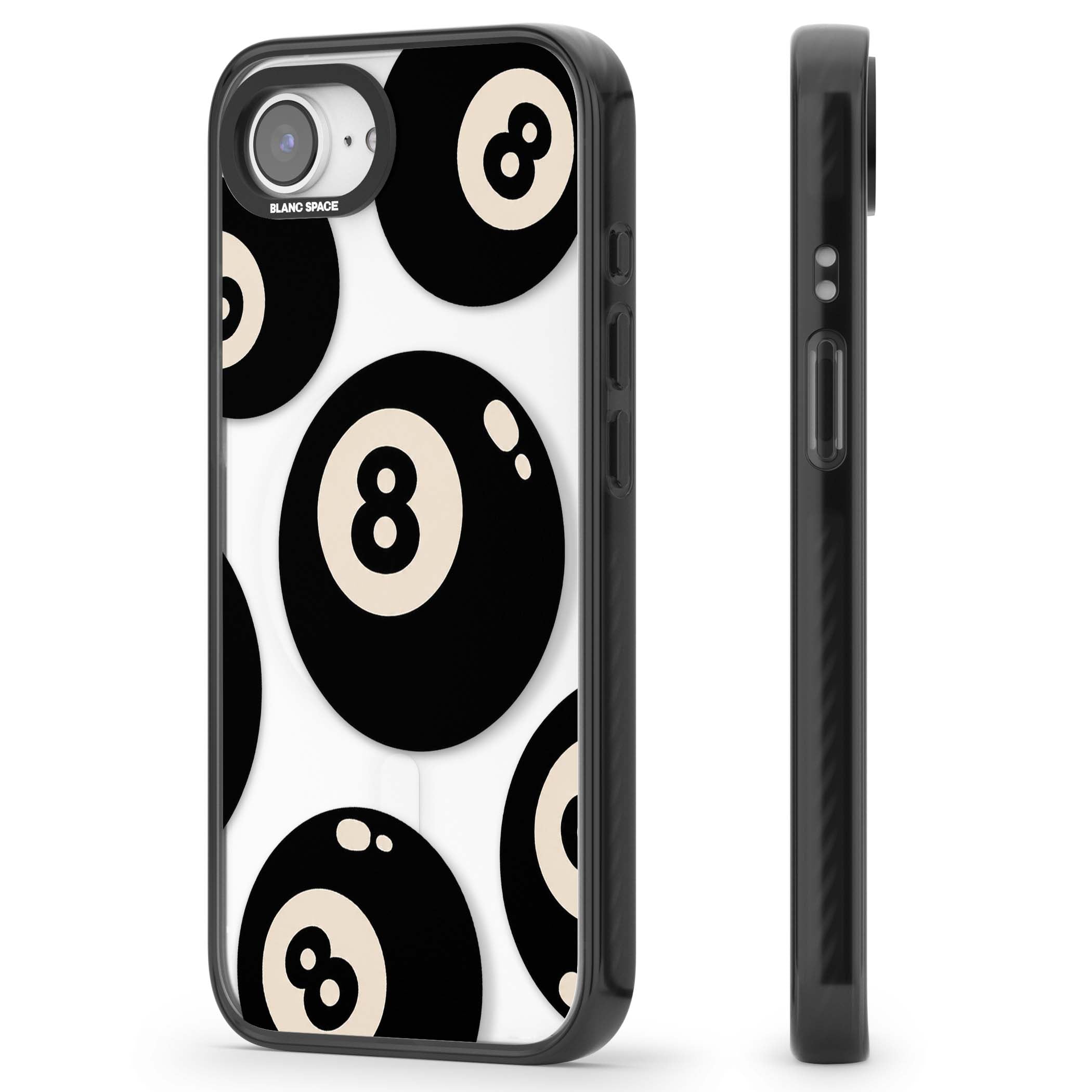 Eights y2k iPhone case featuring scattered black 8 balls with cream highlights on a clear background | Black Impact Magsafe case for iPhone 16e, iPhone 17e