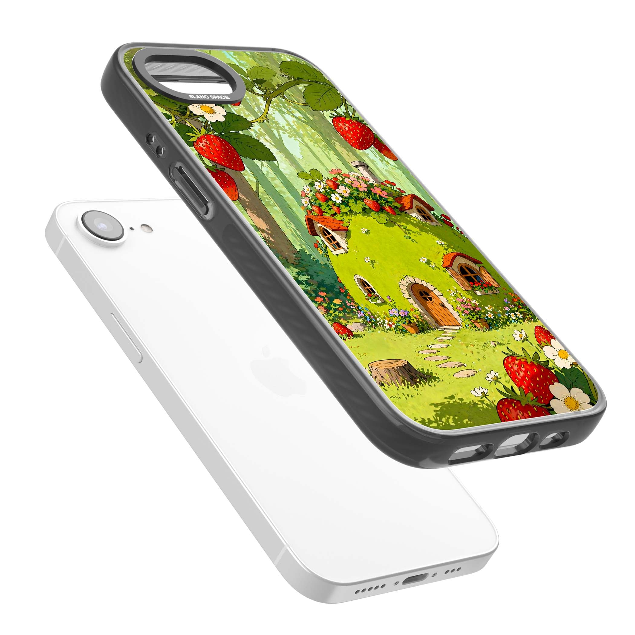 Strawberry Cottage cottagecore iPhone case featuring a green fairy house, wild strawberries and enchanted forest flowers | Black Impact Magsafe case for iPhone 16e, iPhone 17e