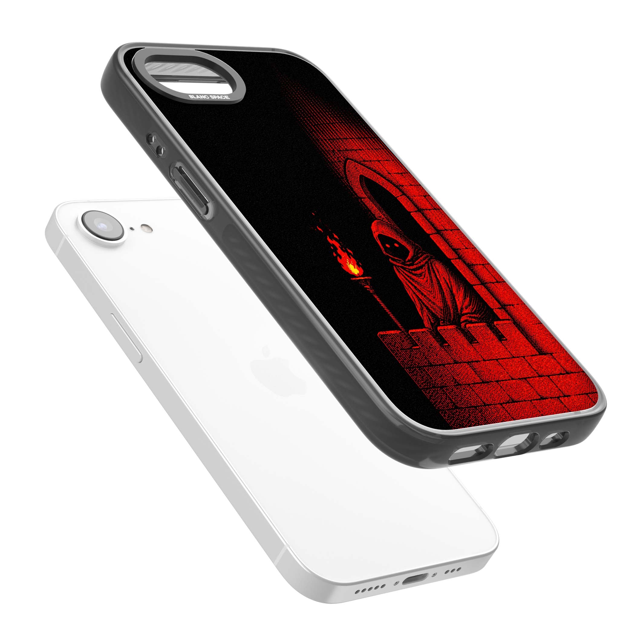 Crimson Crypt gothic iPhone case featuring a hooded reaper, torchlit crypt archway and red halftone horror art | Black Impact Magsafe case for iPhone 16e, iPhone 17e