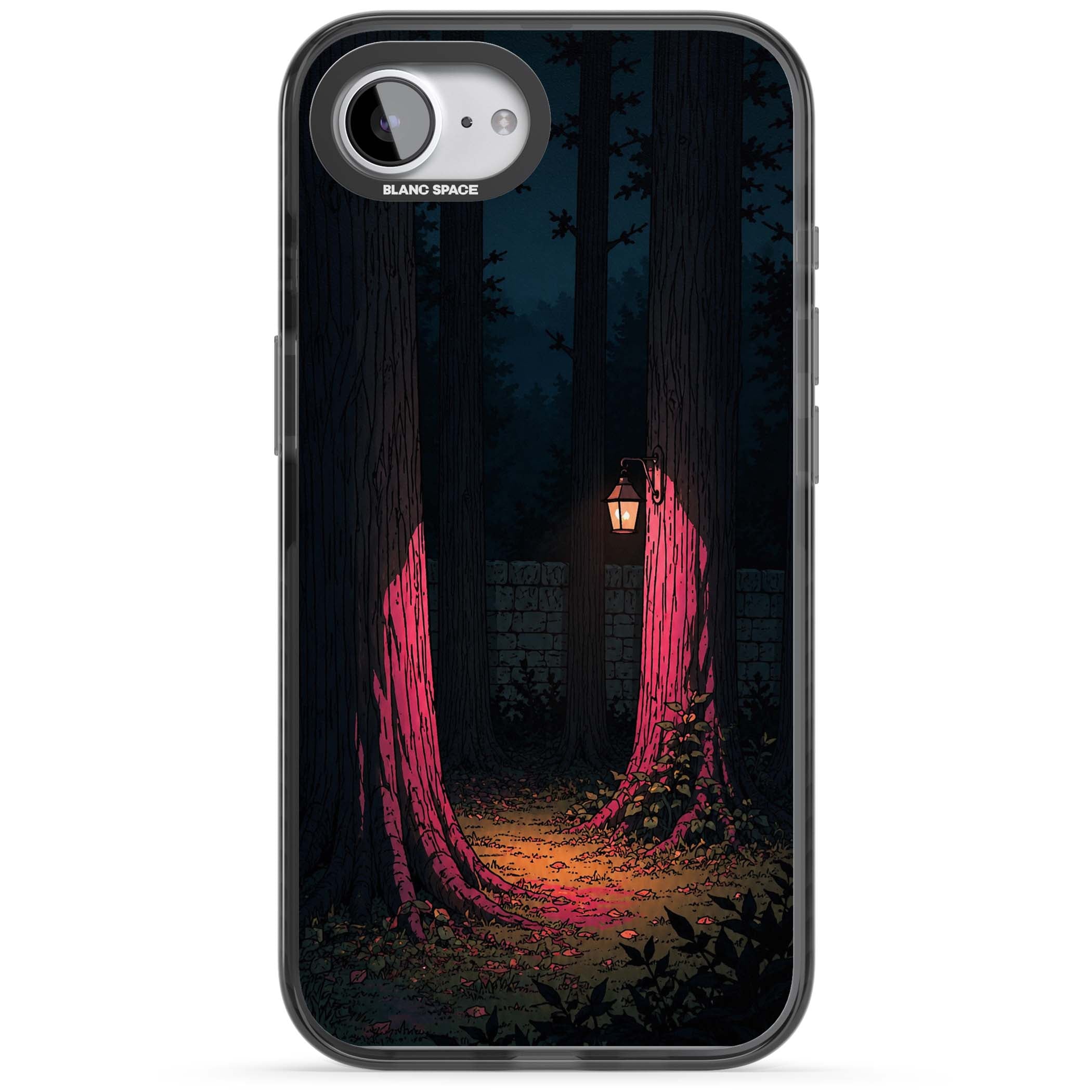 Forest Lantern dark academia iPhone case featuring a moonlit forest, glowing lantern, and stone wall pathway | Black Impact Magsafe case for iPhone 16e, iPhone 17e
