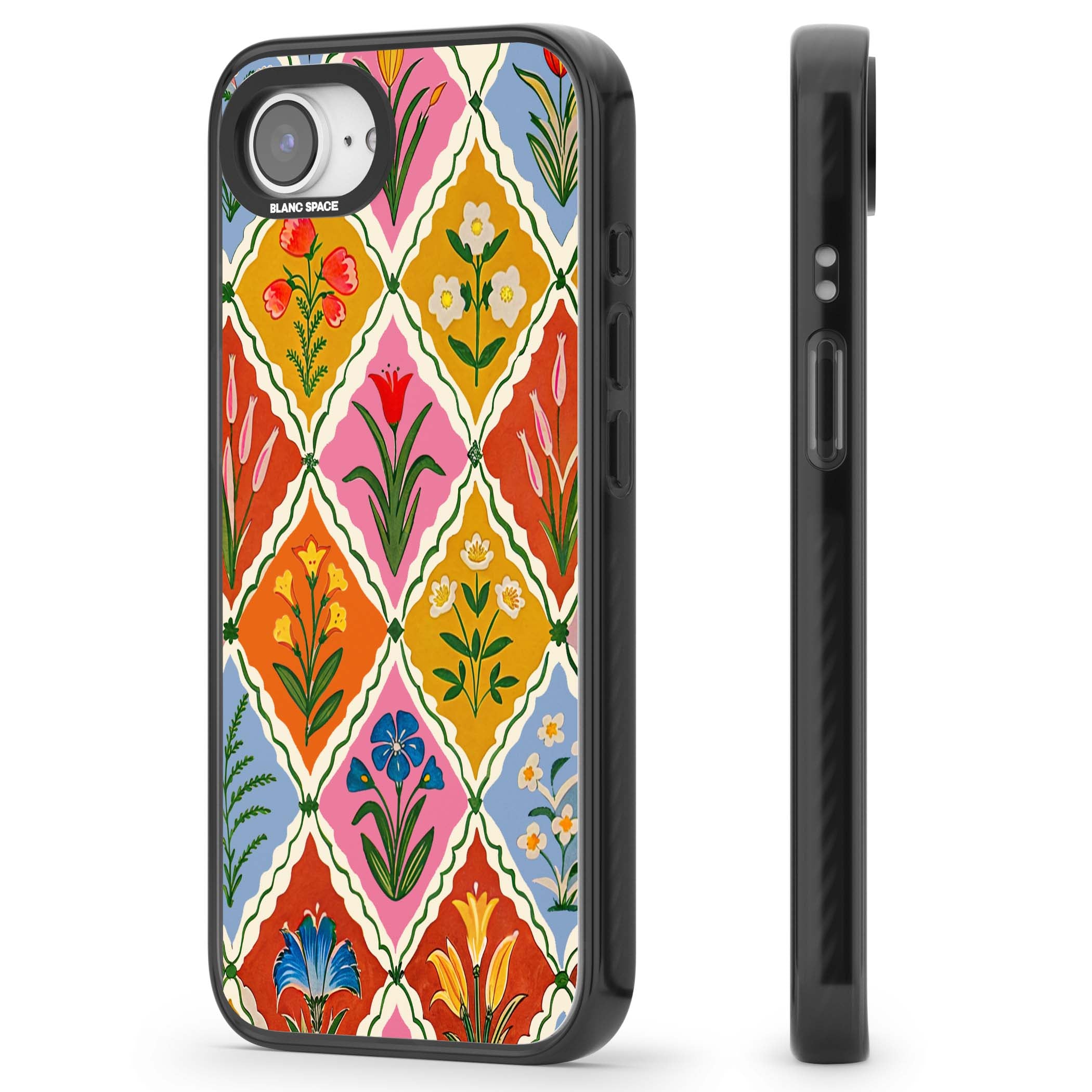 Floral Quilt boho floral iPhone case featuring diamond lattice pattern, hand-painted tulips and folk art wildflowers | Black Impact Magsafe case for iPhone 16e, iPhone 17e
