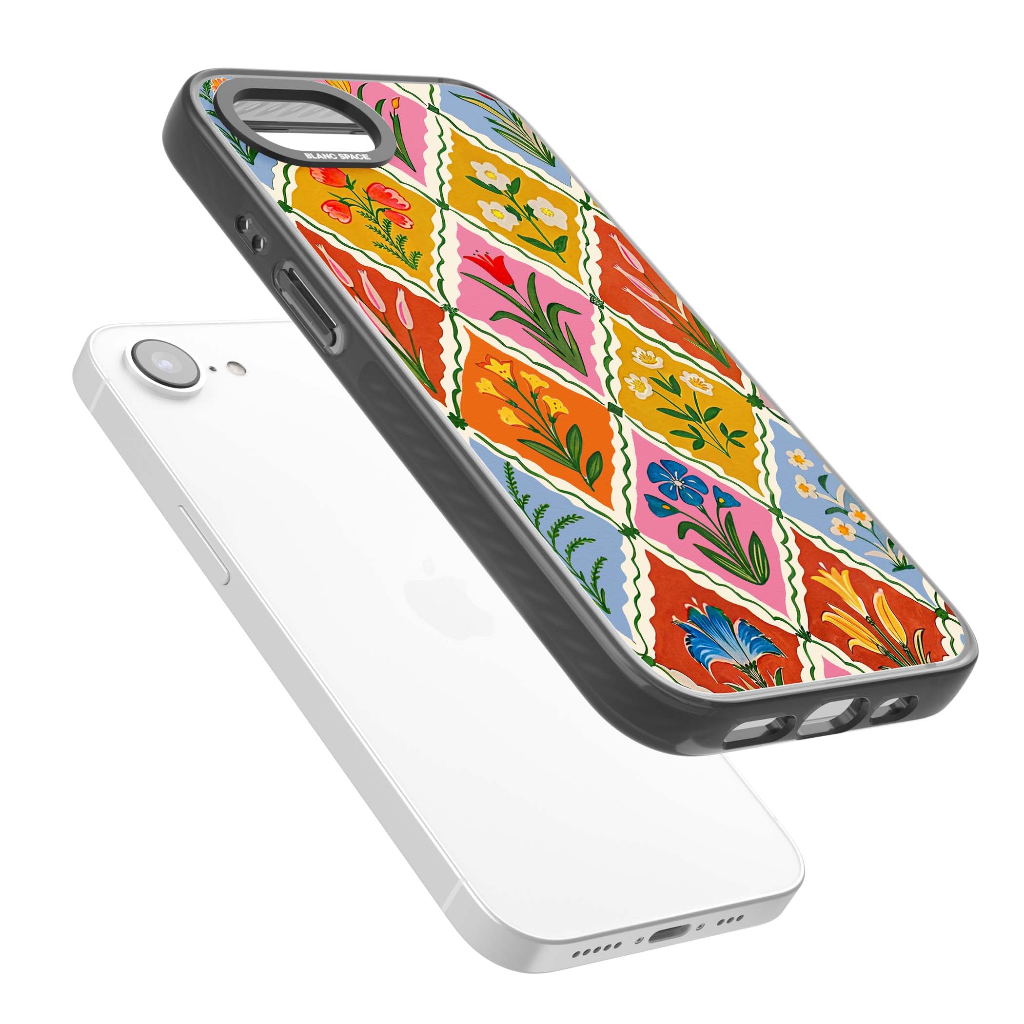 Floral Quilt boho floral iPhone case featuring diamond lattice pattern, hand-painted tulips and folk art wildflowers | Black Impact Magsafe case for iPhone 16e, iPhone 17e