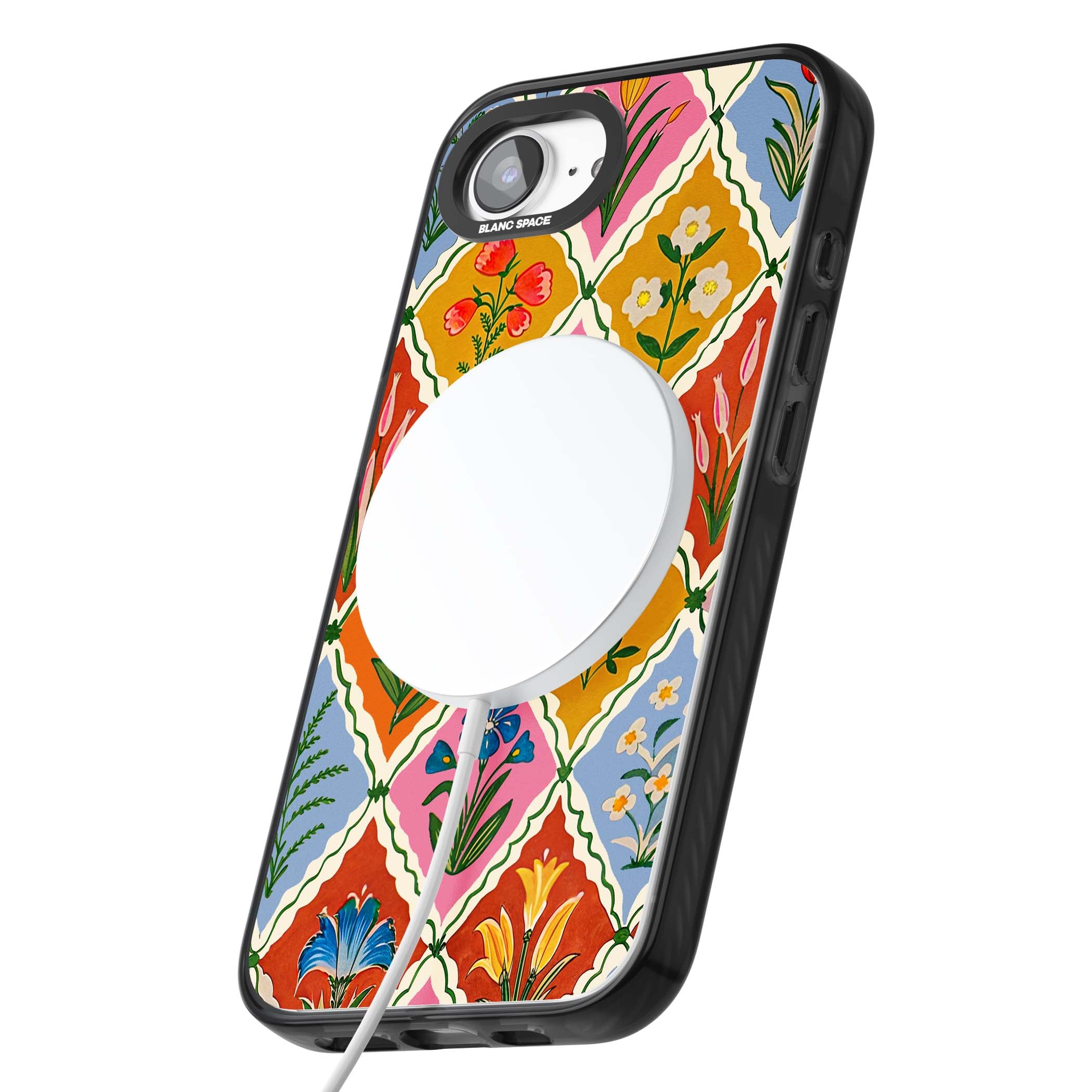 Floral Quilt boho floral iPhone case featuring diamond lattice pattern, hand-painted tulips and folk art wildflowers | Black Impact Magsafe case for iPhone 16e, iPhone 17e