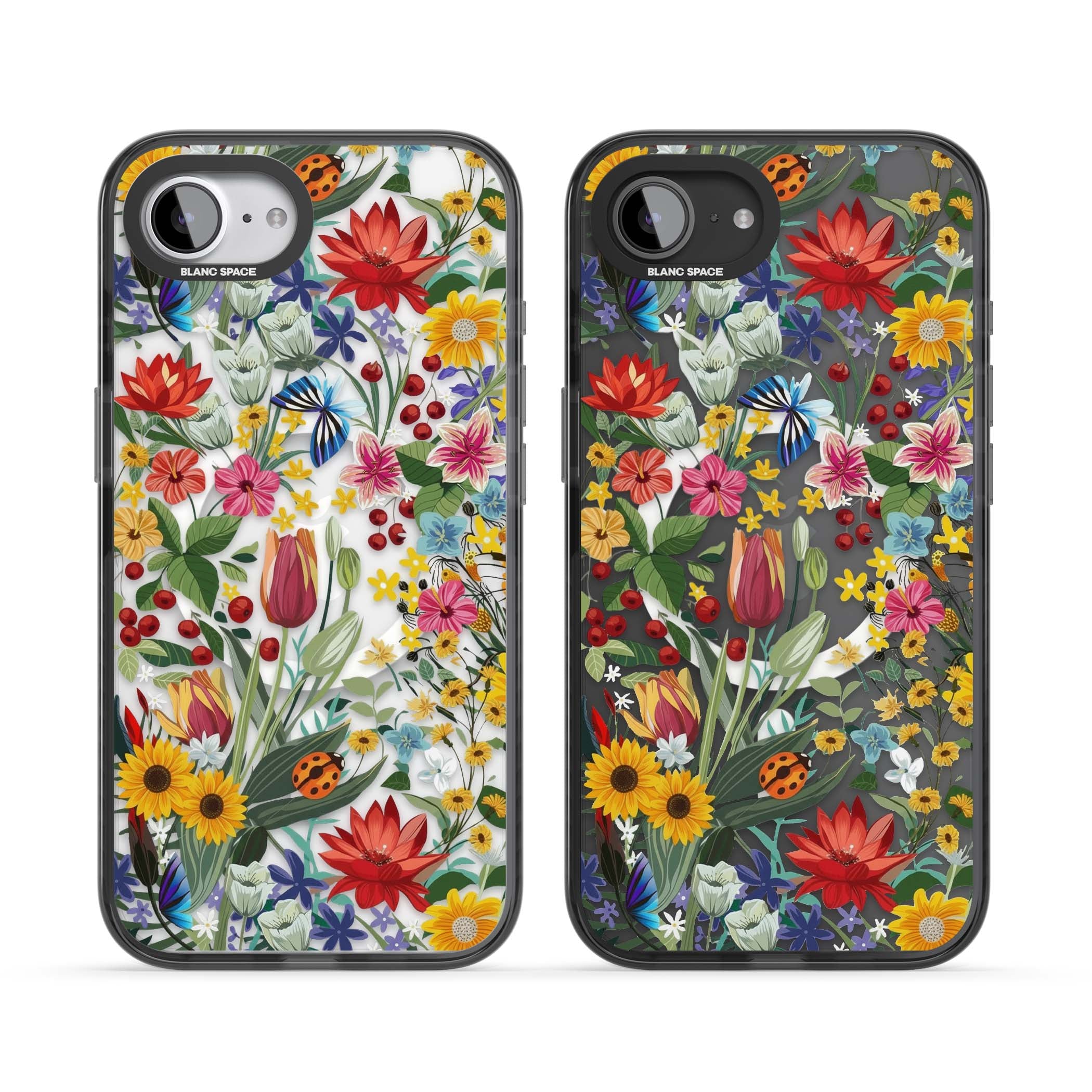 Botanical Bloom cottagecore iPhone case featuring colorful wildflowers, sunflowers, and ladybugs on clear background | Black Impact Magsafe case for iPhone 16e, iPhone 17e