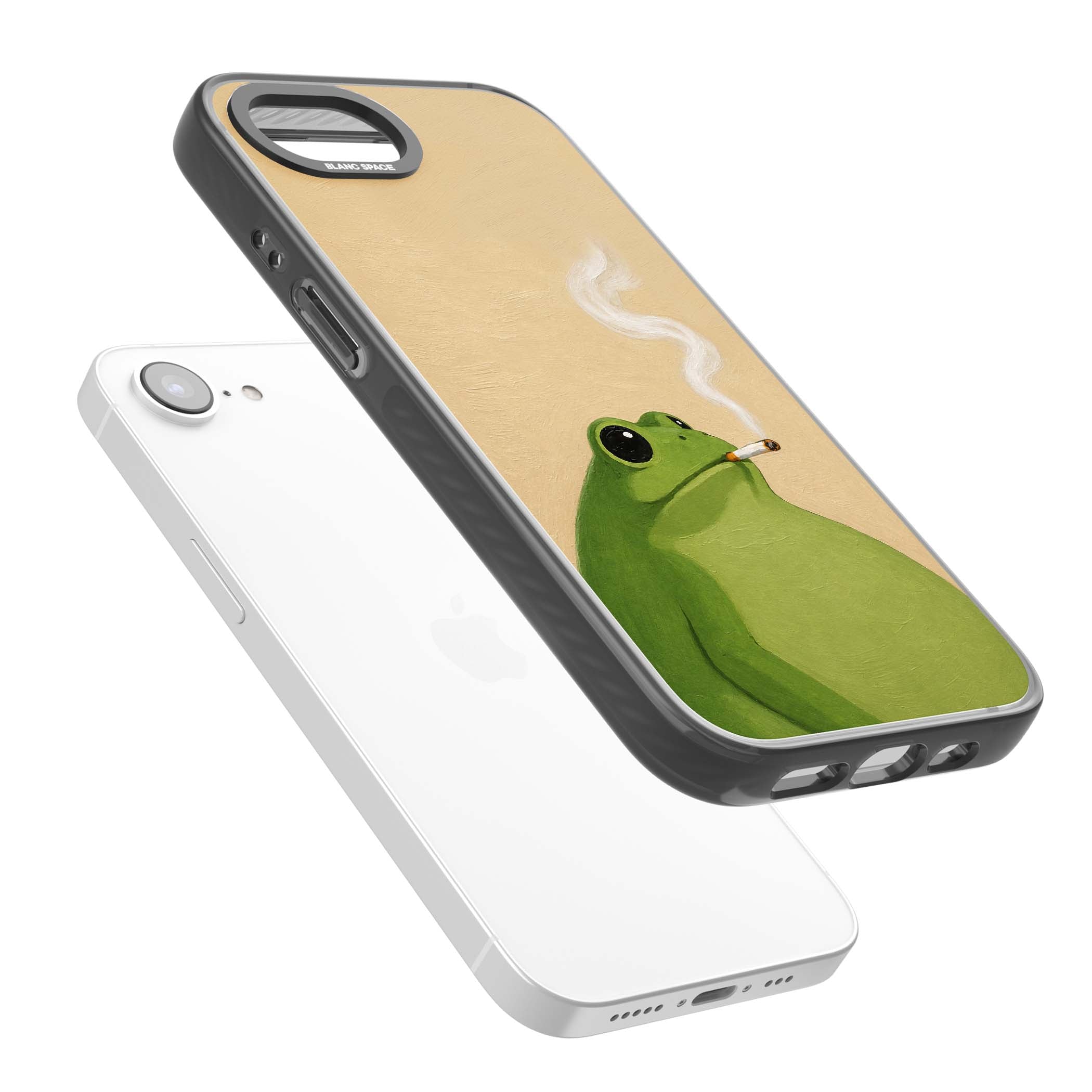 The Smoking Frog cottagecore iPhone case featuring a hand-painted green frog smoking a cigarette on a cream oil painting back | Black Impact Magsafe case for iPhone 16e, iPhone 17e