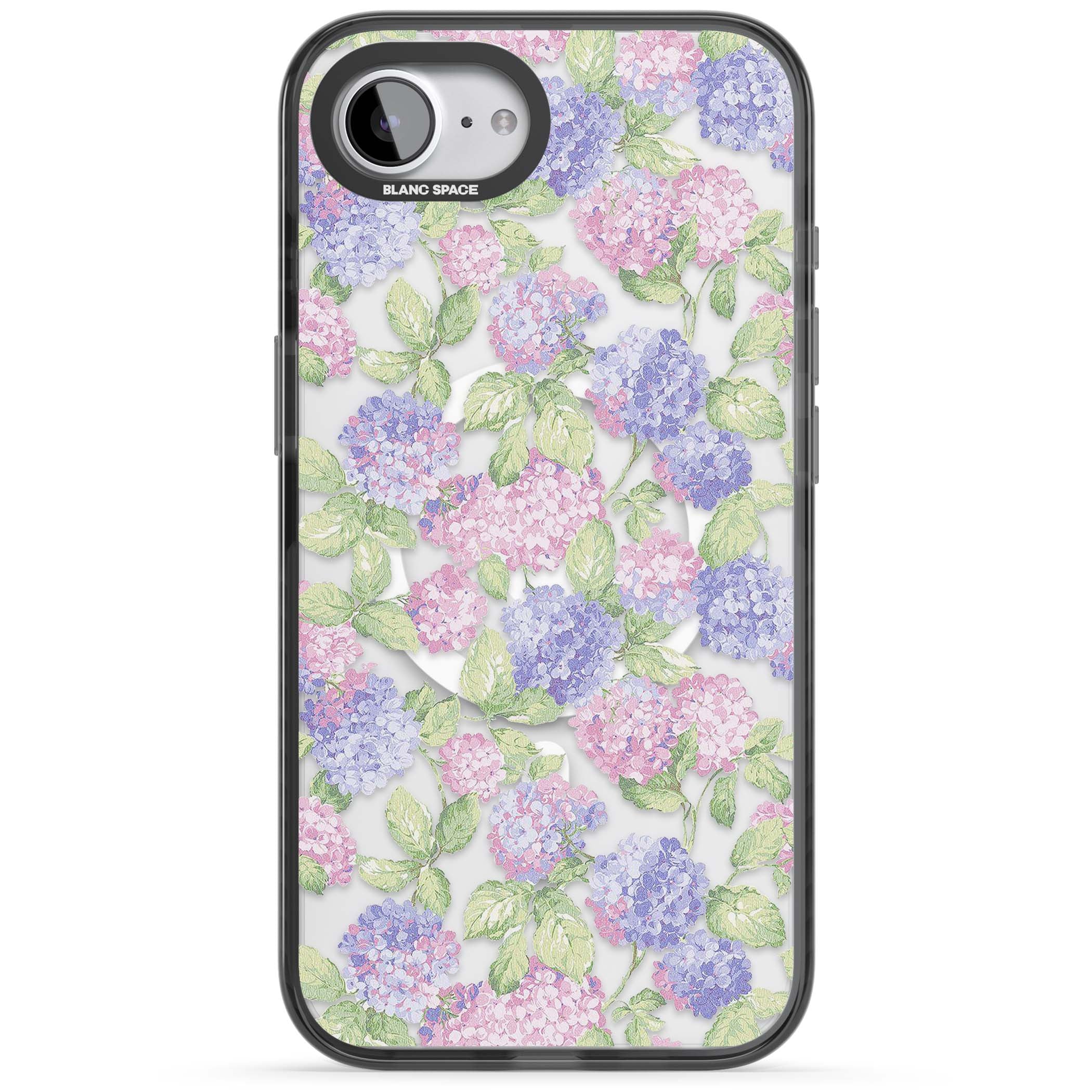 Cottage Hydrangea cottagecore iPhone case featuring pink and purple hydrangea blooms with green leaves on a clear background | Black Impact Magsafe case for iPhone 16e, iPhone 17e