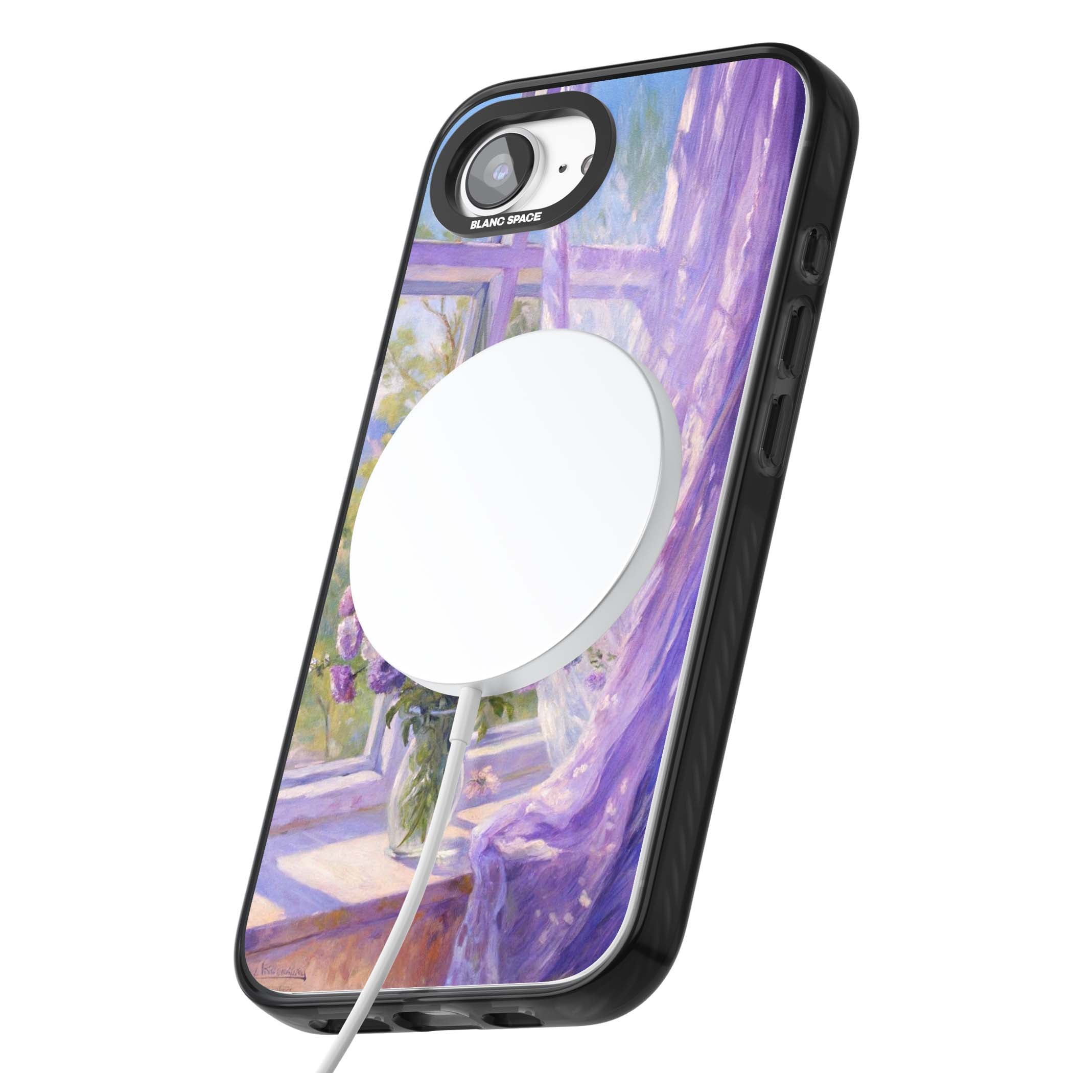 A Provence Morning impressionist art iPhone case featuring a vase of purple flowers, sunlit window and sheer curt | Black Impact Magsafe case for iPhone 16e, iPhone 17e