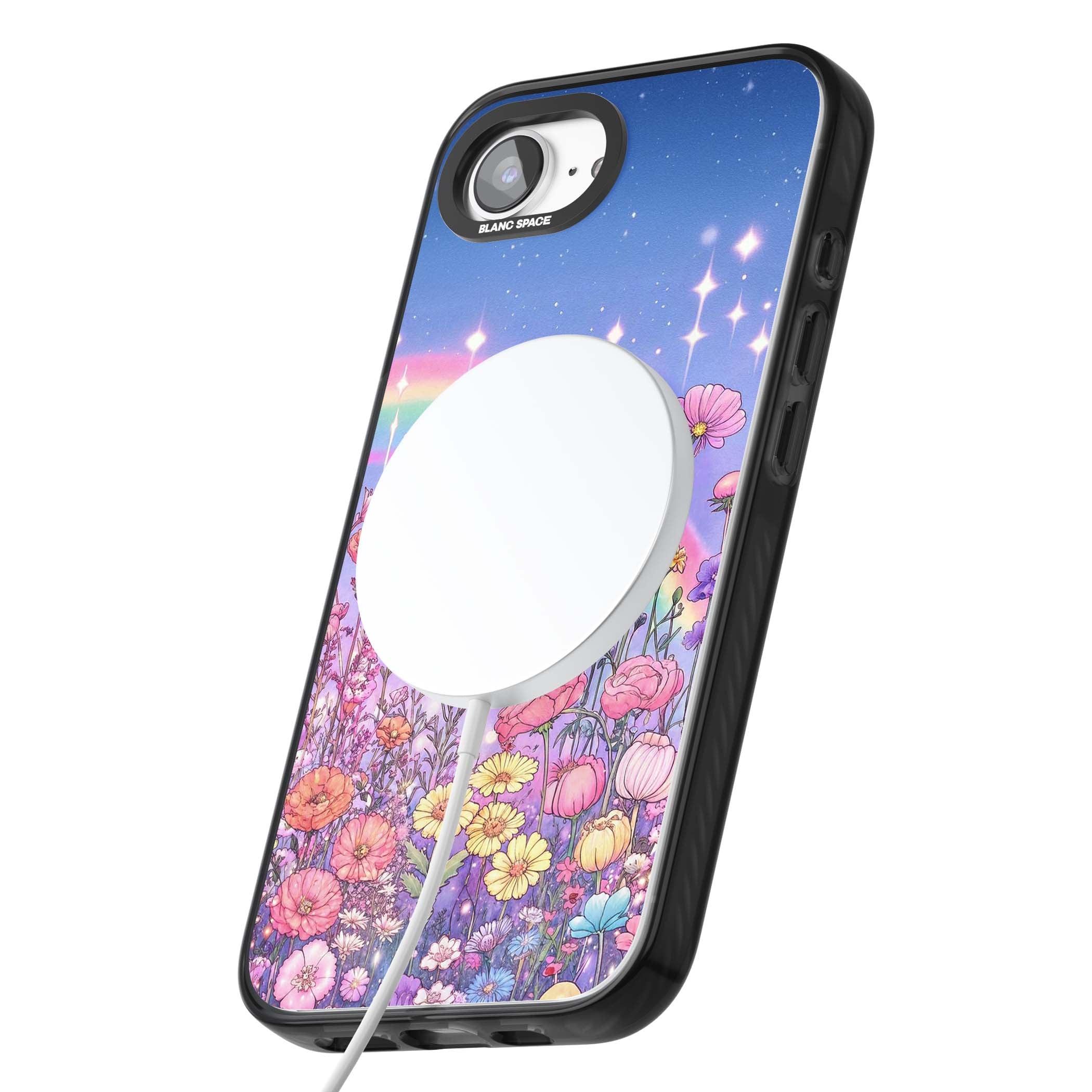 Magical Meadow fairycore iPhone case featuring a pastel rainbow, sparkling stars and a wildflower meadow | Black Impact Magsafe case for iPhone 16e, iPhone 17e