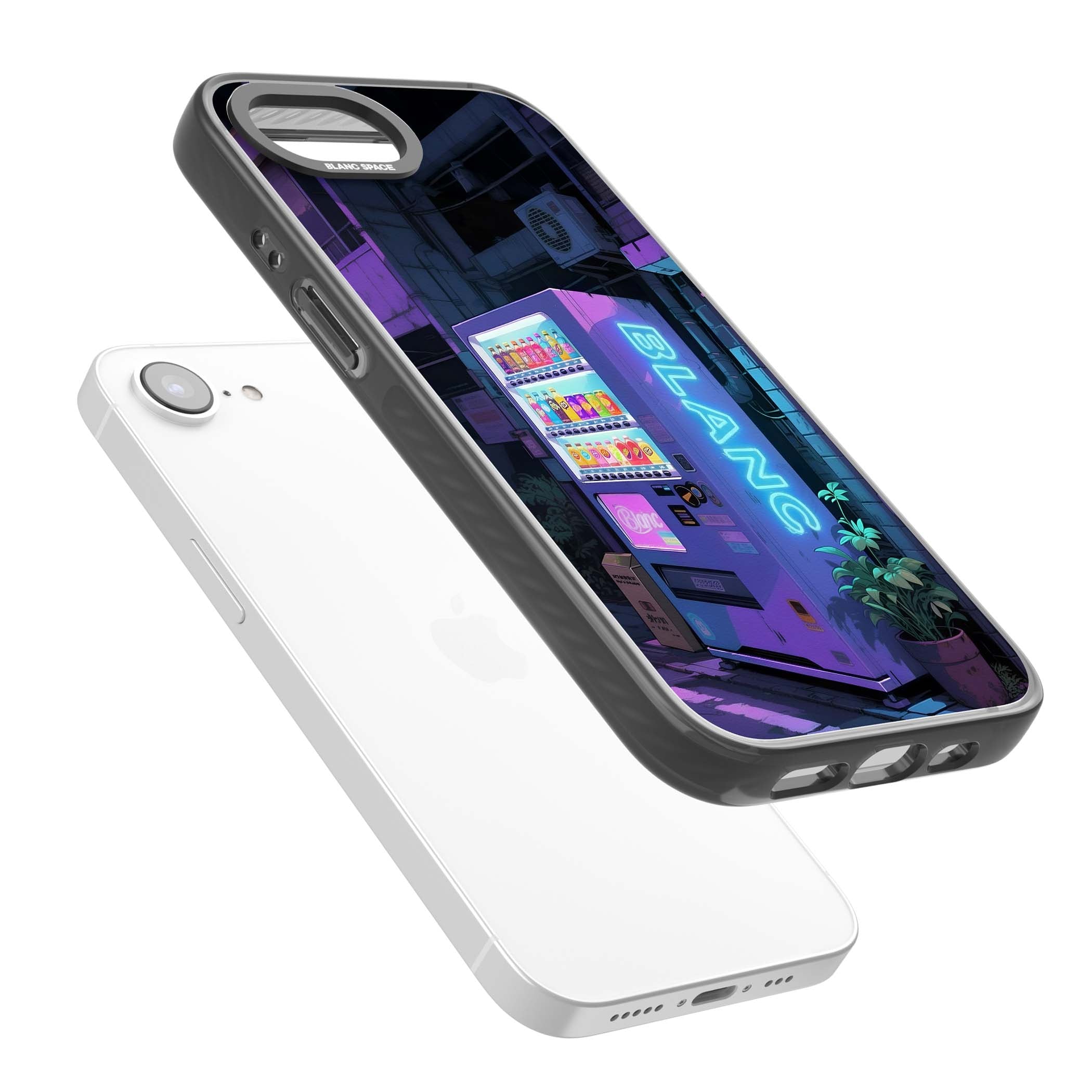 Shibuya Glow Japanese iPhone case featuring a glowing Tokyo vending machine, neon signage, and moody purple alleyway | Black Impact Magsafe case for iPhone 16e, iPhone 17e