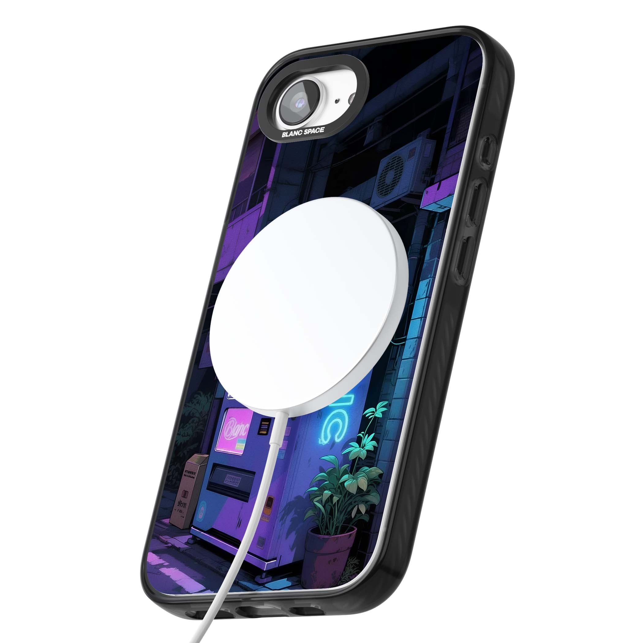 Shibuya Glow Japanese iPhone case featuring a glowing Tokyo vending machine, neon signage, and moody purple alleyway | Black Impact Magsafe case for iPhone 16e, iPhone 17e