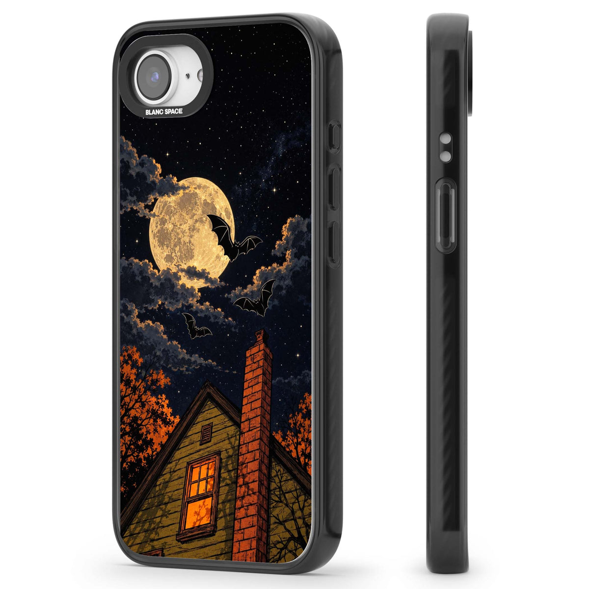 Hollows Eve Halloween iPhone case featuring a haunted house, full moon and flying bats against a starry autumn sky | Black Impact Magsafe case for iPhone 16e, iPhone 17e
