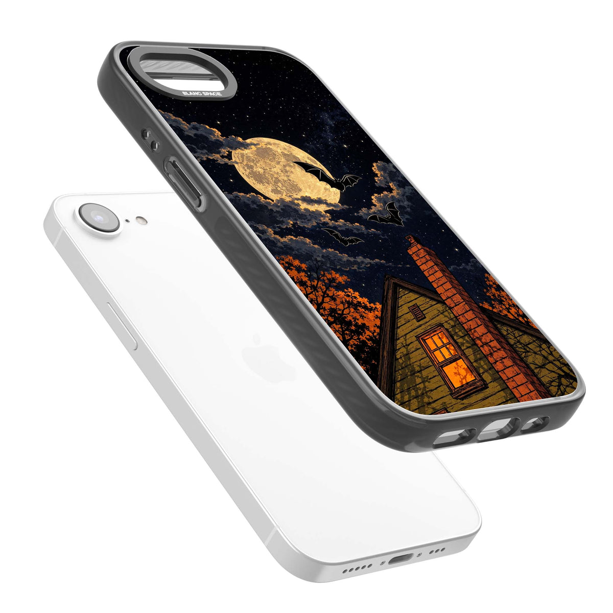 Hollows Eve Halloween iPhone case featuring a haunted house, full moon and flying bats against a starry autumn sky | Black Impact Magsafe case for iPhone 16e, iPhone 17e