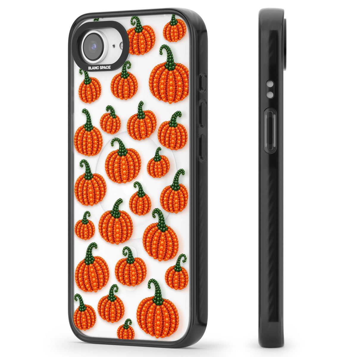 Beaded Pumpkins halloween iPhone case featuring beaded orange pumpkins with green stems on a clear background | Black Impact Magsafe case for iPhone 16e, iPhone 17e