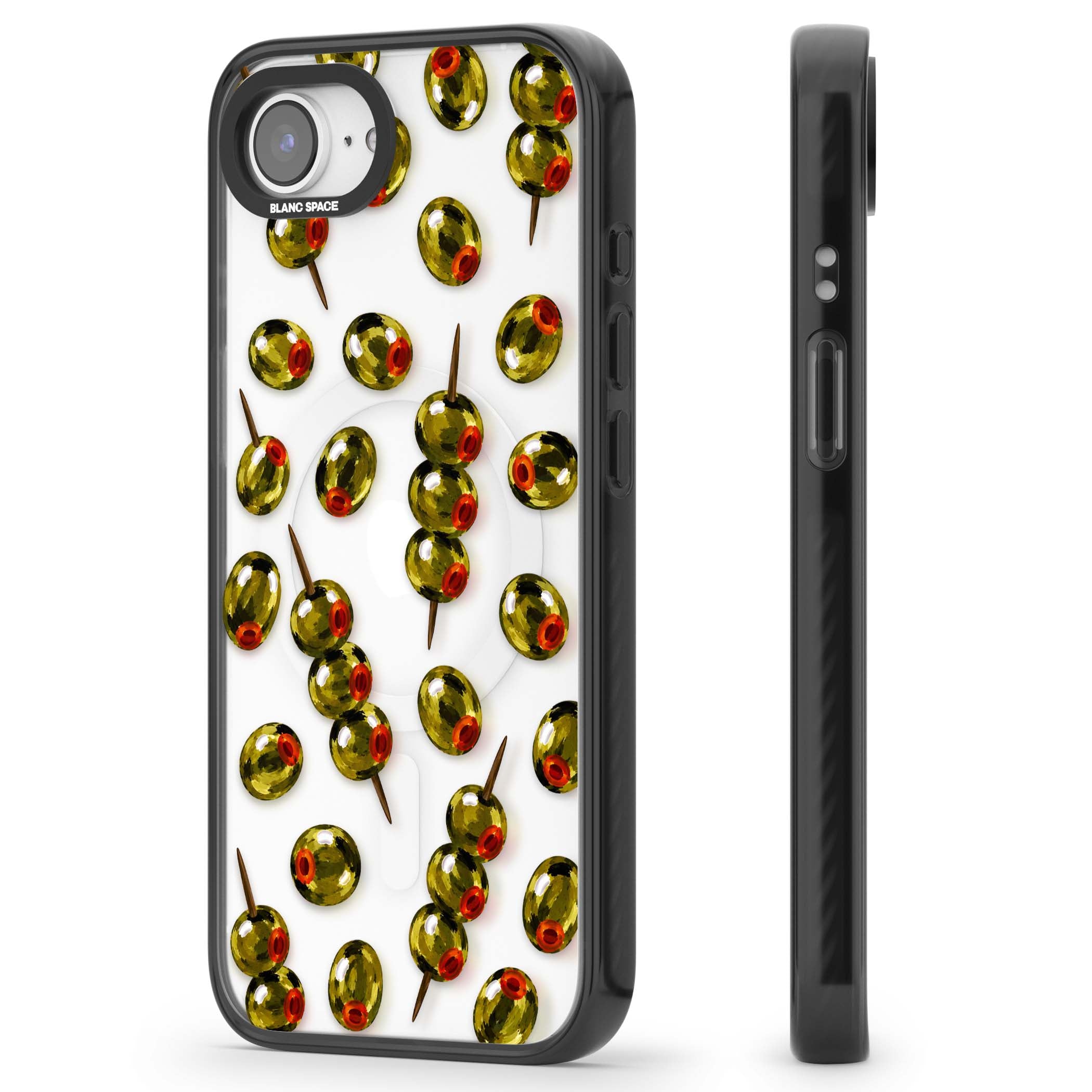 Painted Olives cocktail iPhone case featuring green olives, pimento centres and toothpick skewers on a clear background | Black Impact Magsafe case for iPhone 16e, iPhone 17e