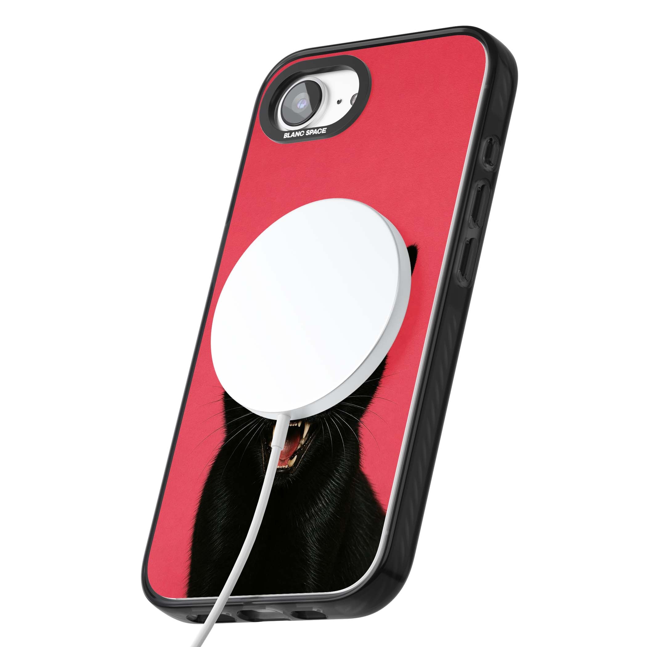 Hissin' Baddie black cat iPhone case featuring a hissing feline with green eyes on a hot pink background | Black Impact Magsafe case for iPhone 16e, iPhone 17e