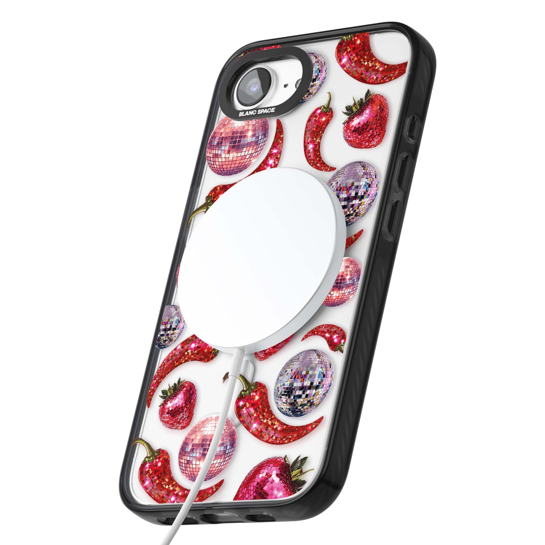 Spicy Disco Y2K iPhone case featuring glitter disco balls, sparkly strawberries and red chilli peppers | Black Impact Magsafe case for iPhone 16e, iPhone 17e