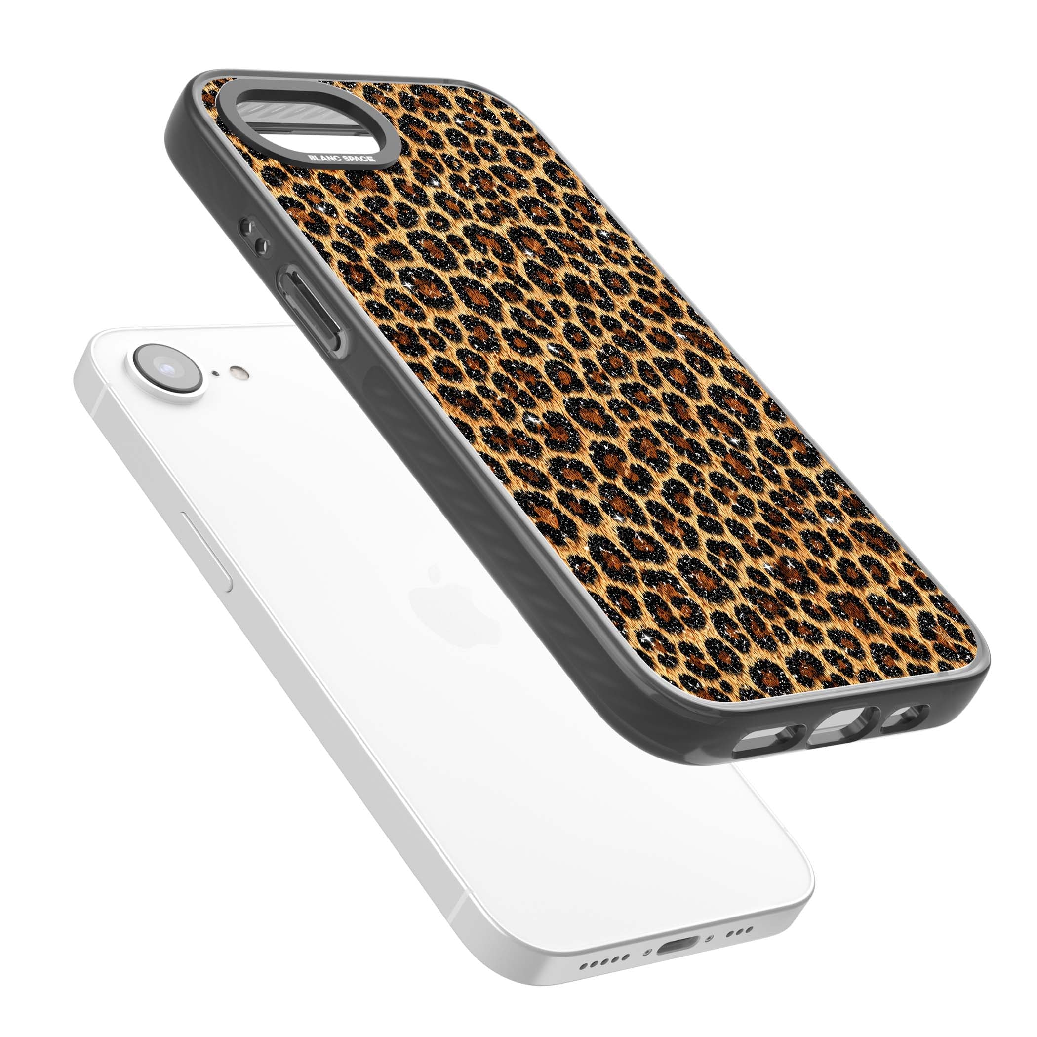Diamond Leopard leopard print iPhone case featuring golden tan fur, black rosette spots and subtle glitter sparkle | Black Impact Magsafe case for iPhone 16e, iPhone 17e
