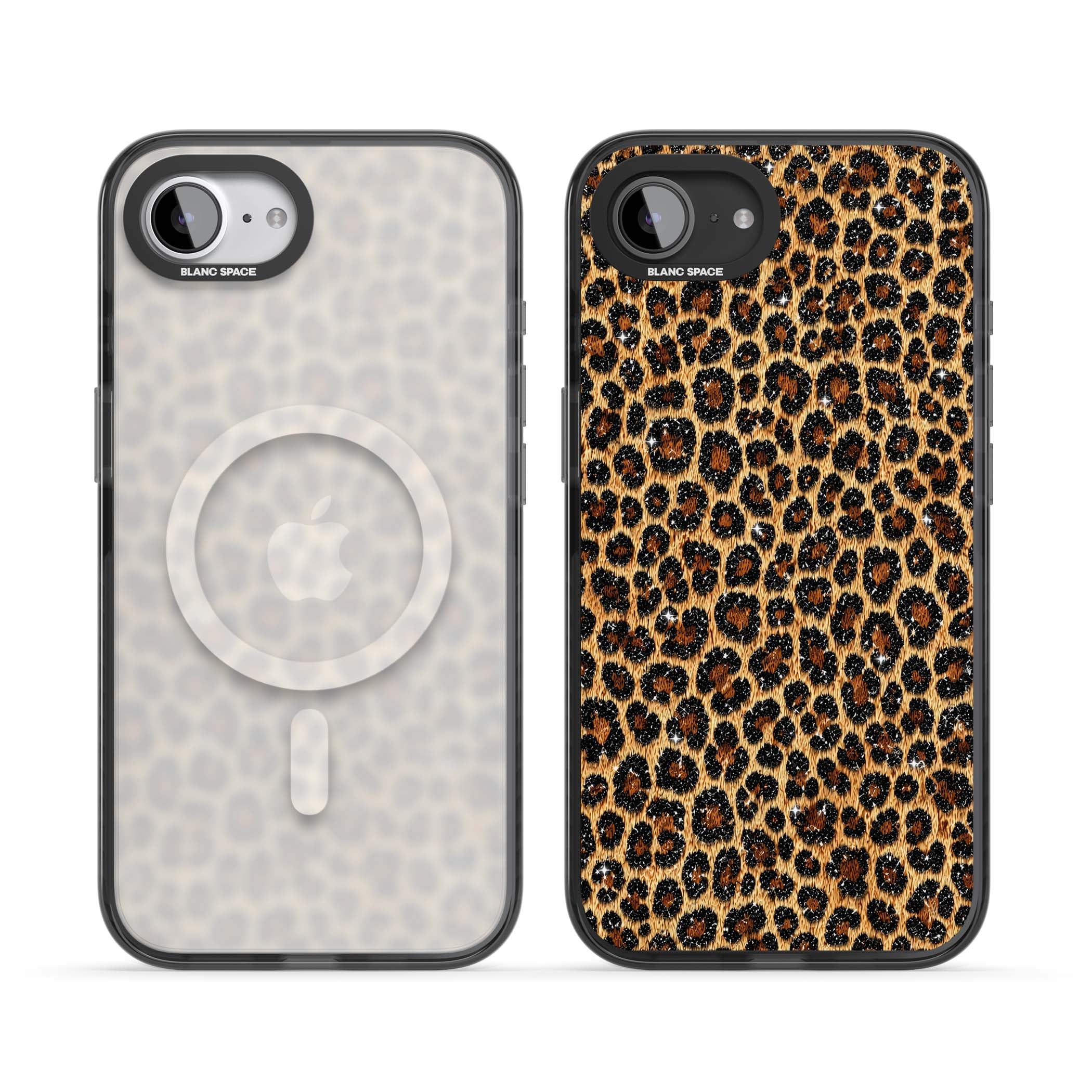 Diamond Leopard leopard print iPhone case featuring golden tan fur, black rosette spots and subtle glitter sparkle | Black Impact Magsafe case for iPhone 16e, iPhone 17e