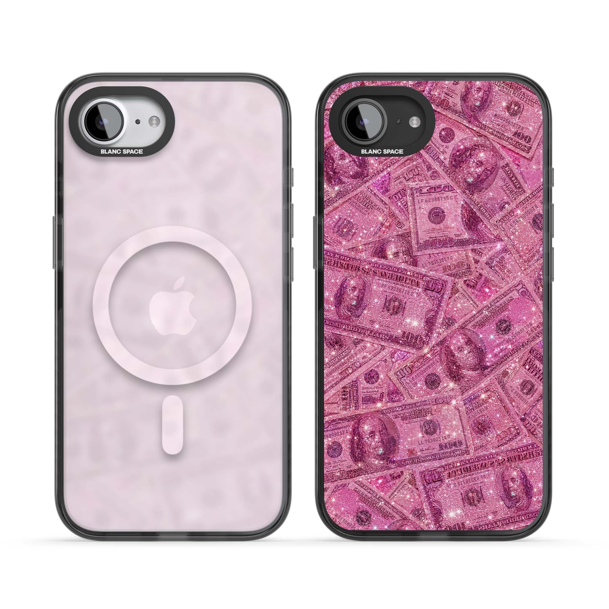 Glamorous baddie iPhone case featuring pink glitter hundred dollar bills and sparkling money wallpaper design | Black Impact Magsafe case for iPhone 16e, iPhone 17e