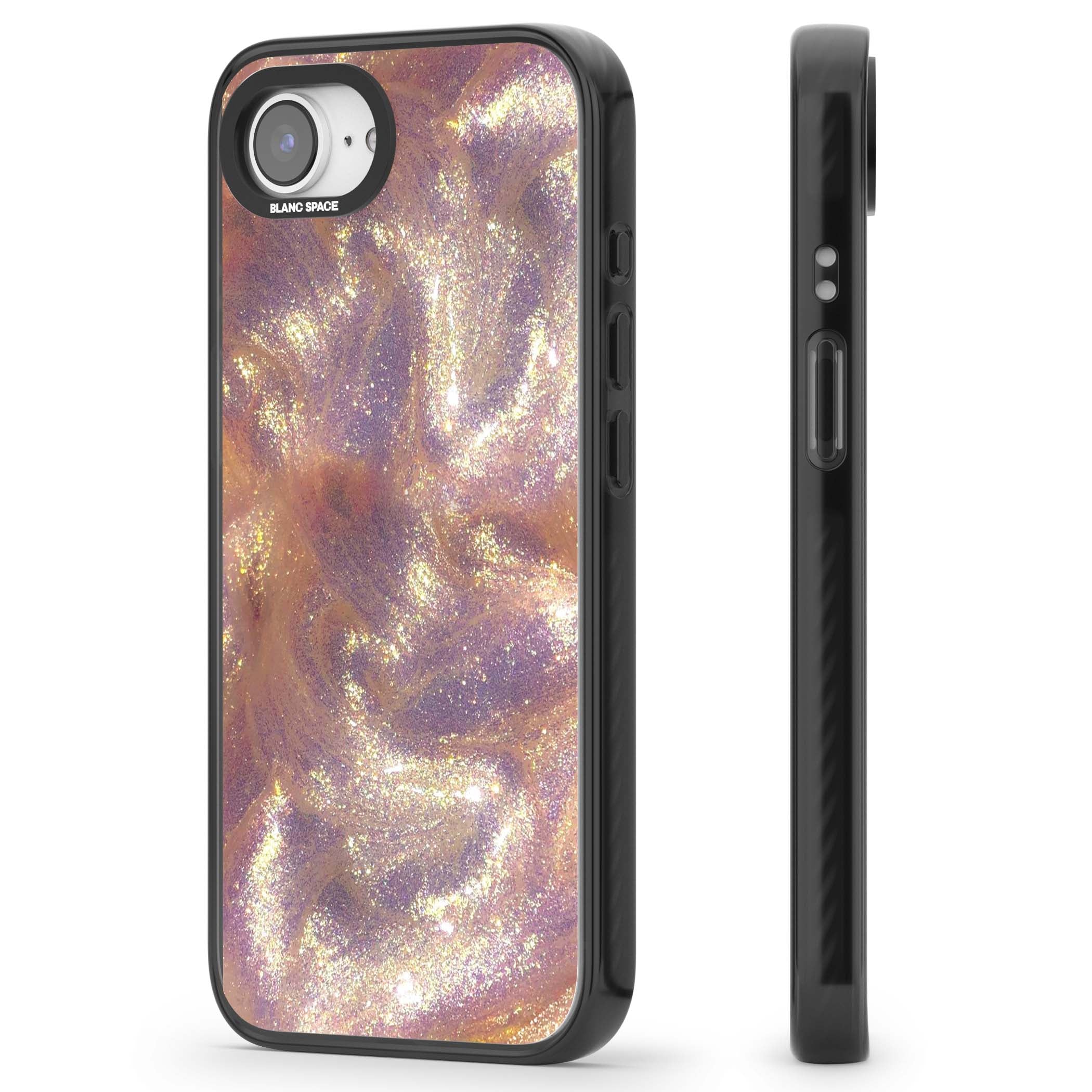 Shimmer marble iPhone case featuring rose gold glitter swirls, lilac shimmer and iridescent pearl finish | Black Impact Magsafe case for iPhone 16e, iPhone 17e
