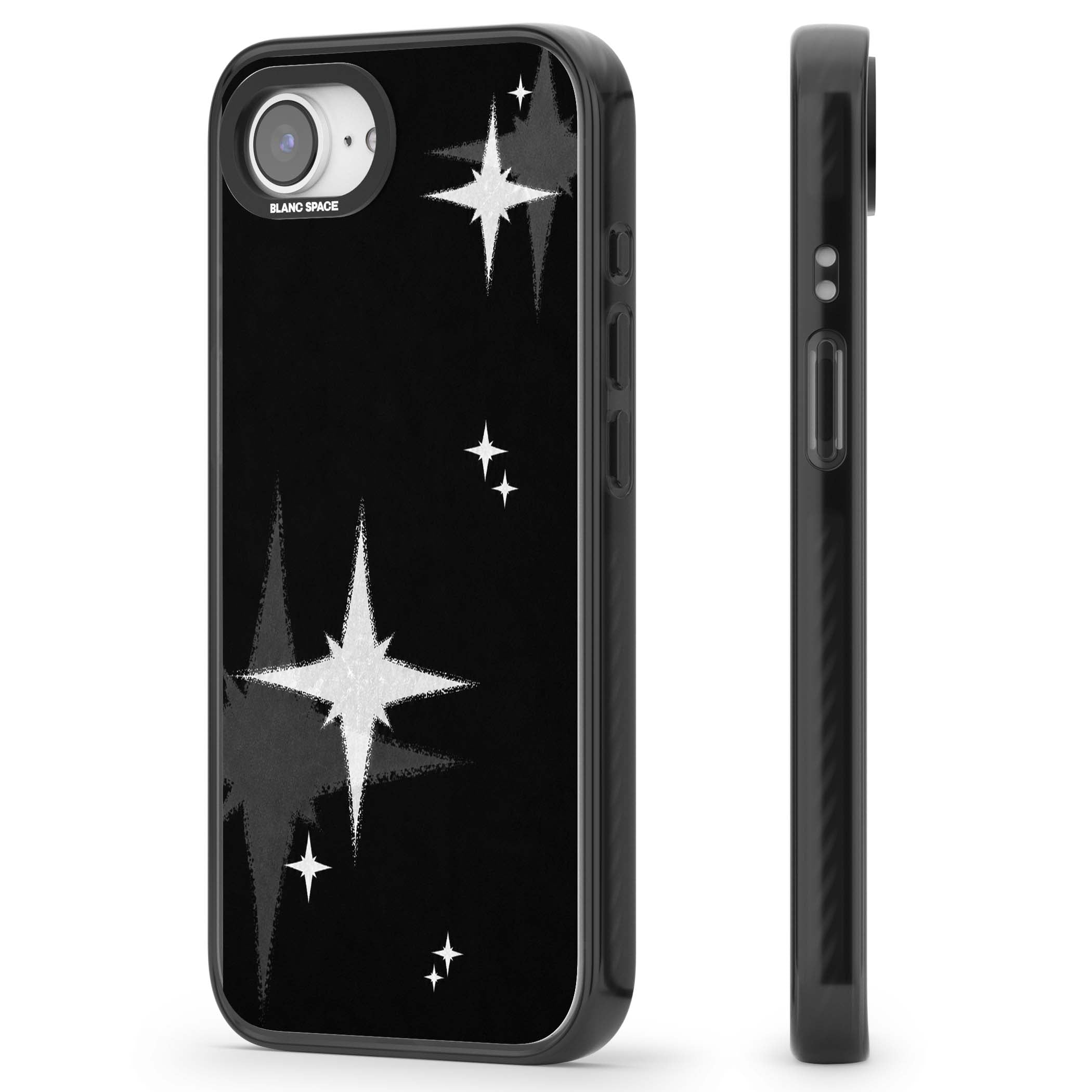 Black Sparkle celestial iPhone case featuring white sparkle stars on a black night sky background | Black Impact Magsafe case for iPhone 16e, iPhone 17e