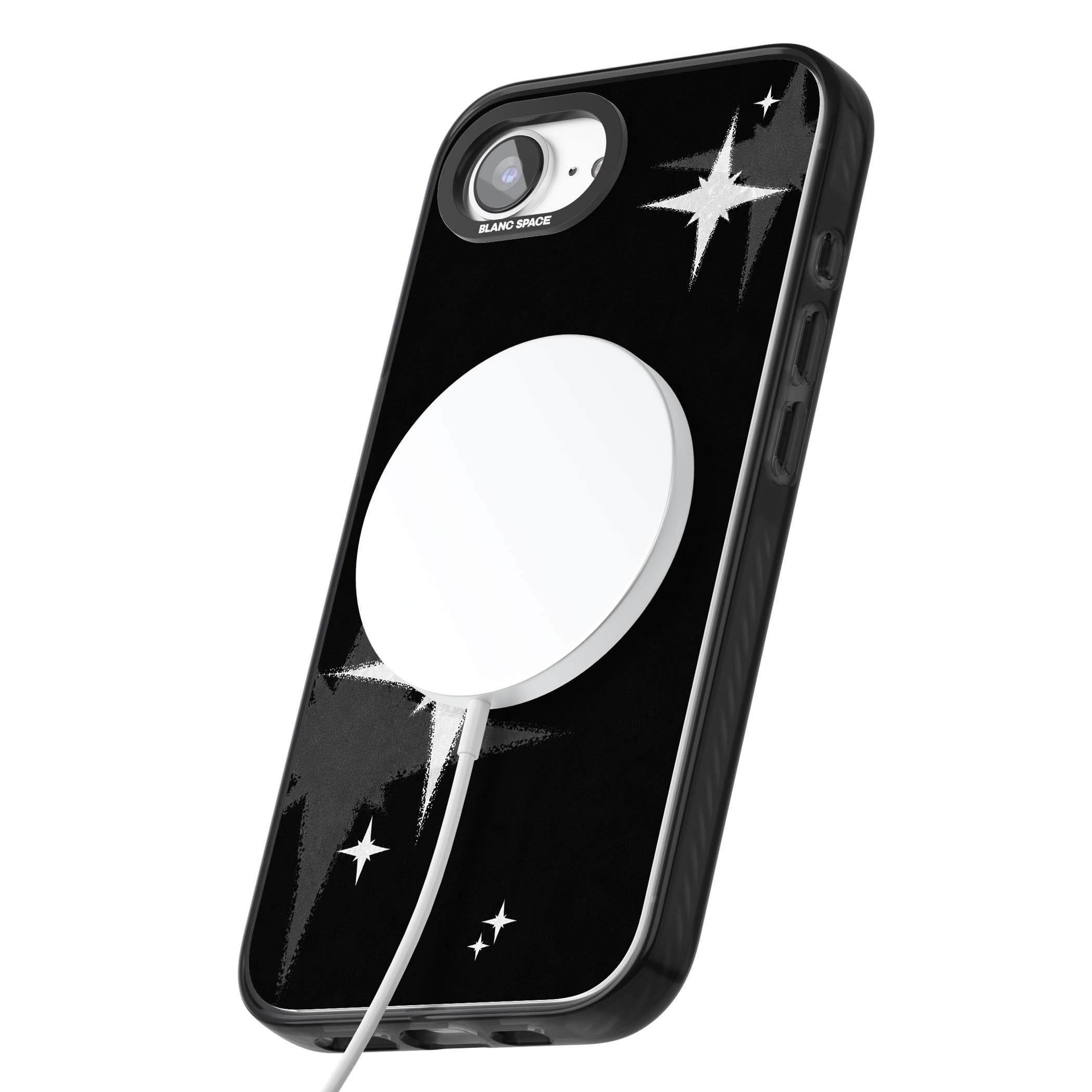 Black Sparkle celestial iPhone case featuring white sparkle stars on a black night sky background | Black Impact Magsafe case for iPhone 16e, iPhone 17e