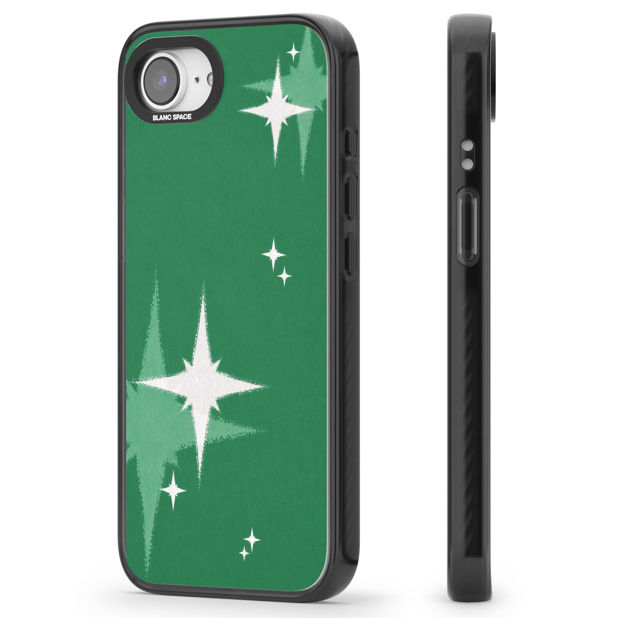 Green Sparkle celestial iPhone case featuring sparkling white four-point stars on a deep green background | Black Impact Magsafe case for iPhone 16e, iPhone 17e