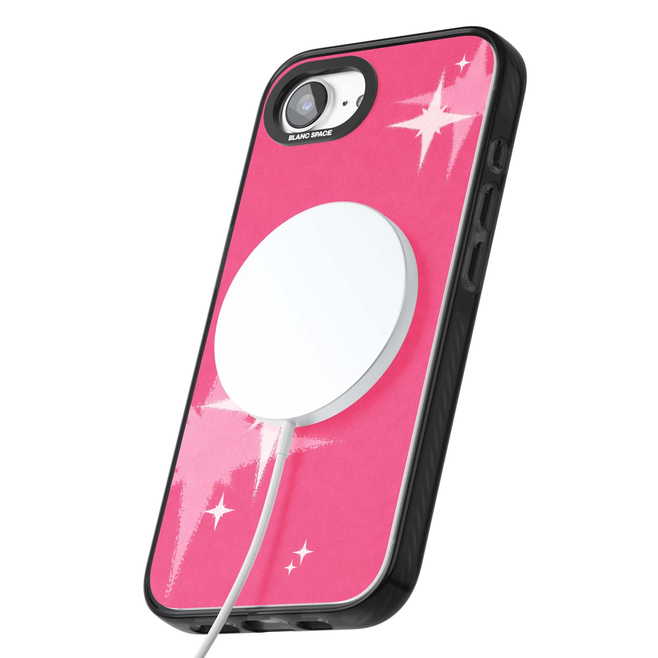 Pink Sparkle Y2K iPhone case featuring hot pink background with shimmering white starburst pattern | Black Impact Magsafe case for iPhone 16e, iPhone 17e