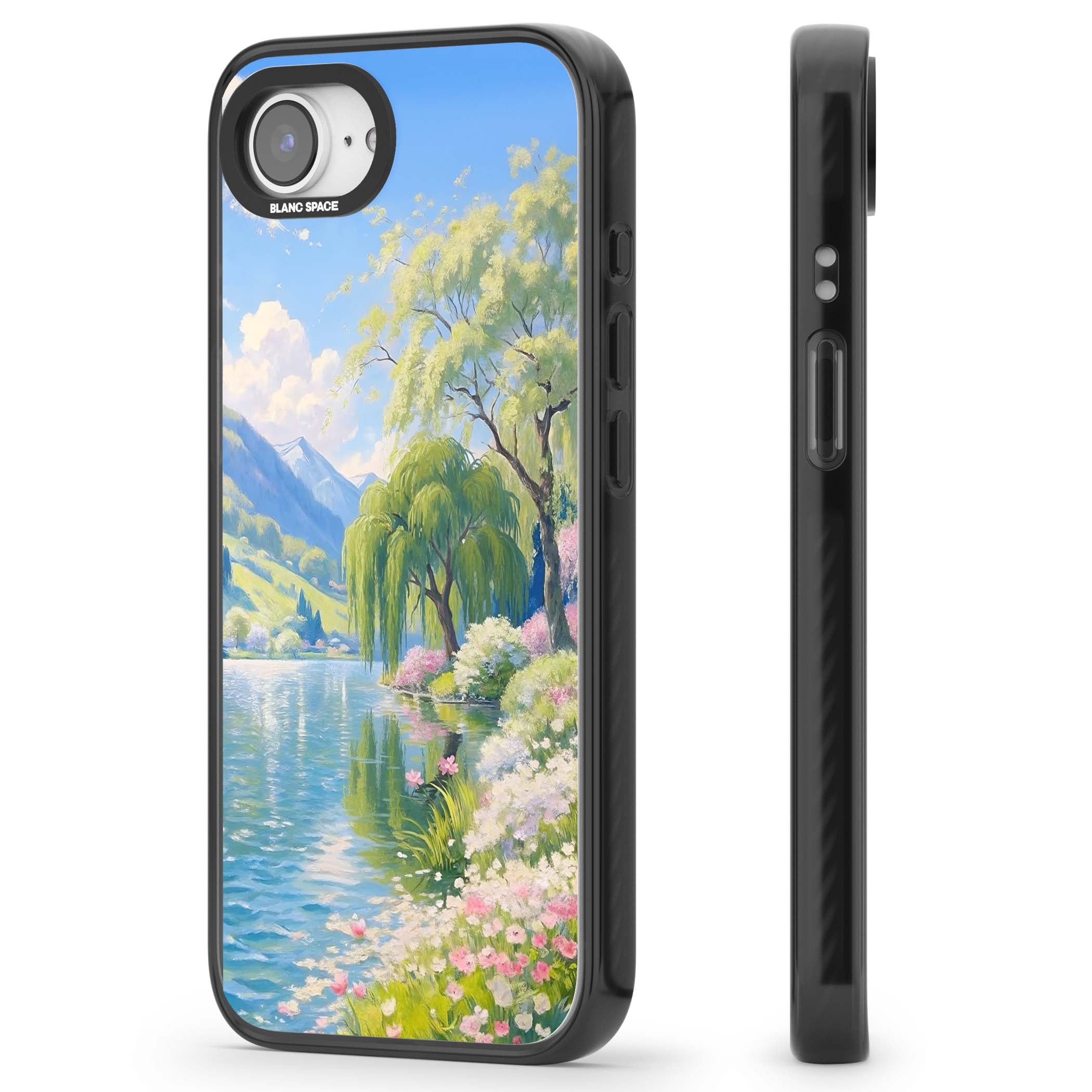 Willow Lake cottagecore iPhone case featuring a painted lakeside with weeping willow, blossoms and distant mountains | Black Impact Magsafe case for iPhone 16e, iPhone 17e