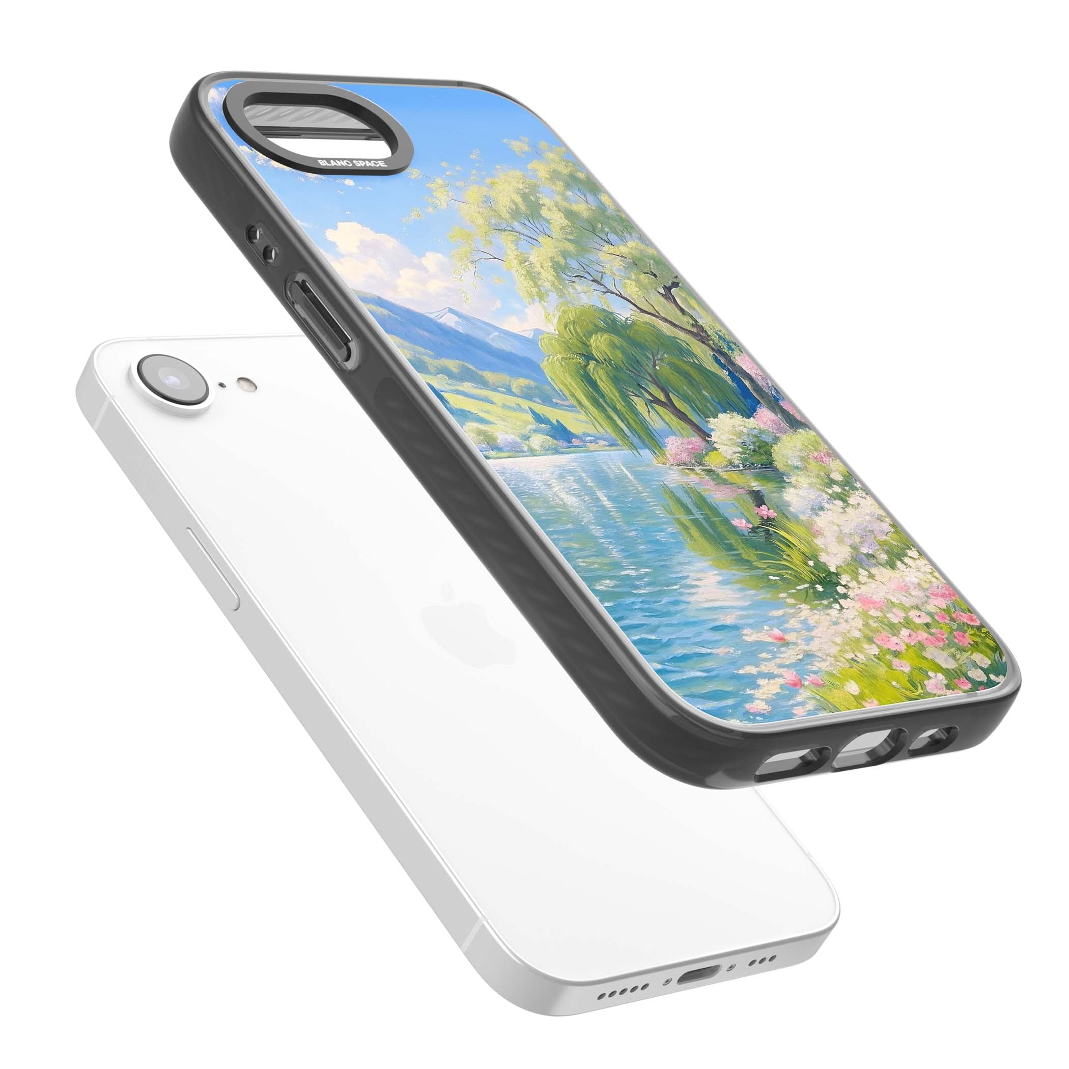 Willow Lake cottagecore iPhone case featuring a painted lakeside with weeping willow, blossoms and distant mountains | Black Impact Magsafe case for iPhone 16e, iPhone 17e