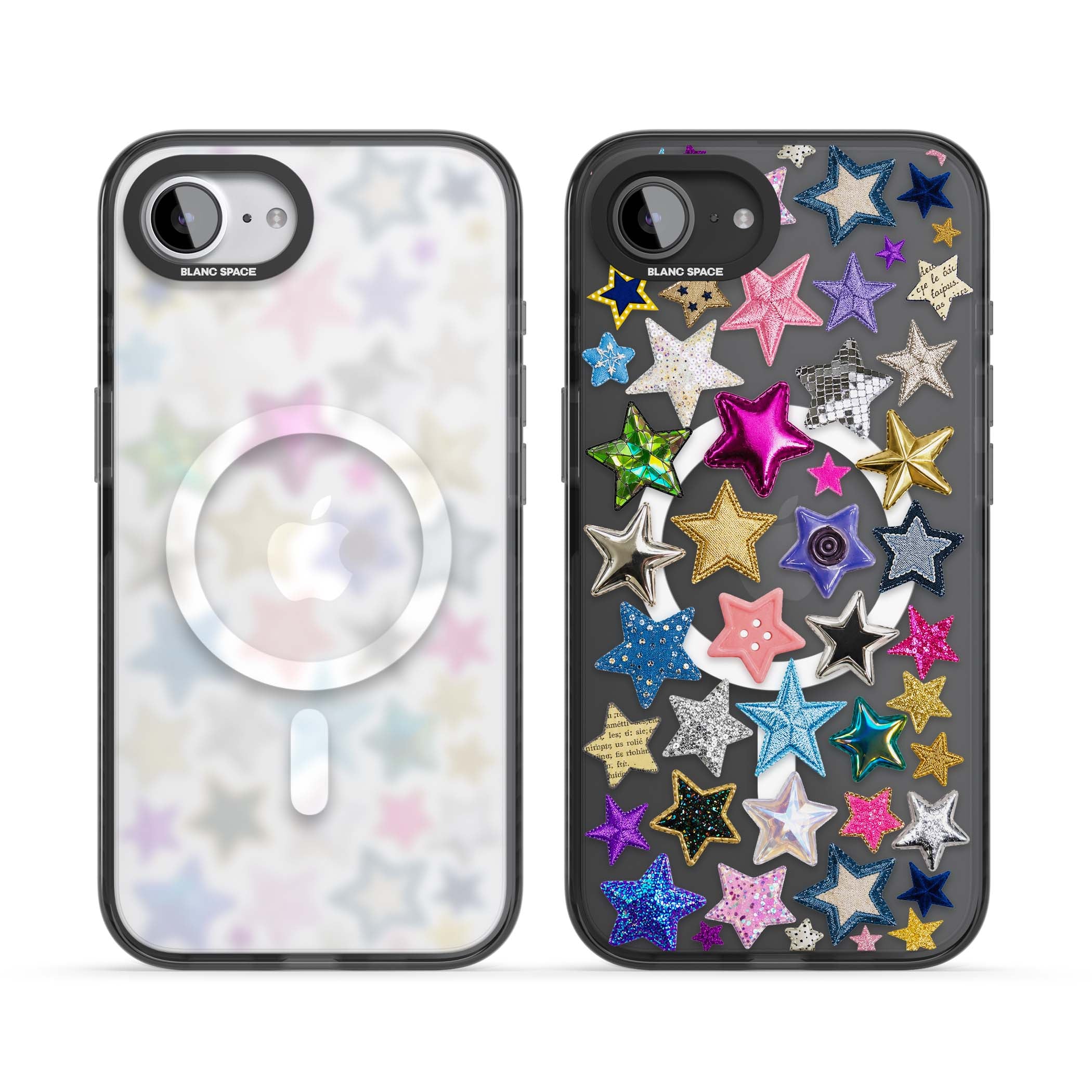 Crafty Star Mix Y2K iPhone case featuring embroidered, sequinned and glitter star patches in rainbow colours | Black Impact Magsafe case for iPhone 16e, iPhone 17e