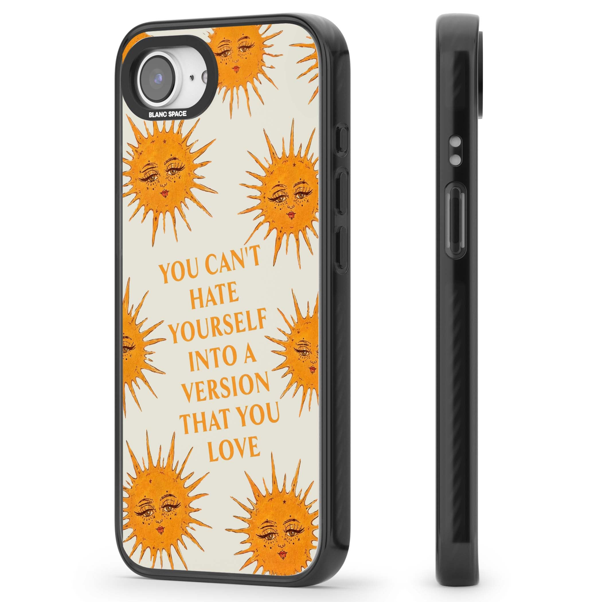 Don't Hate Yourself celestial iPhone case featuring vintage sun faces, ochre rays and a self-love quote | Black Impact Magsafe case for iPhone 16e, iPhone 17e
