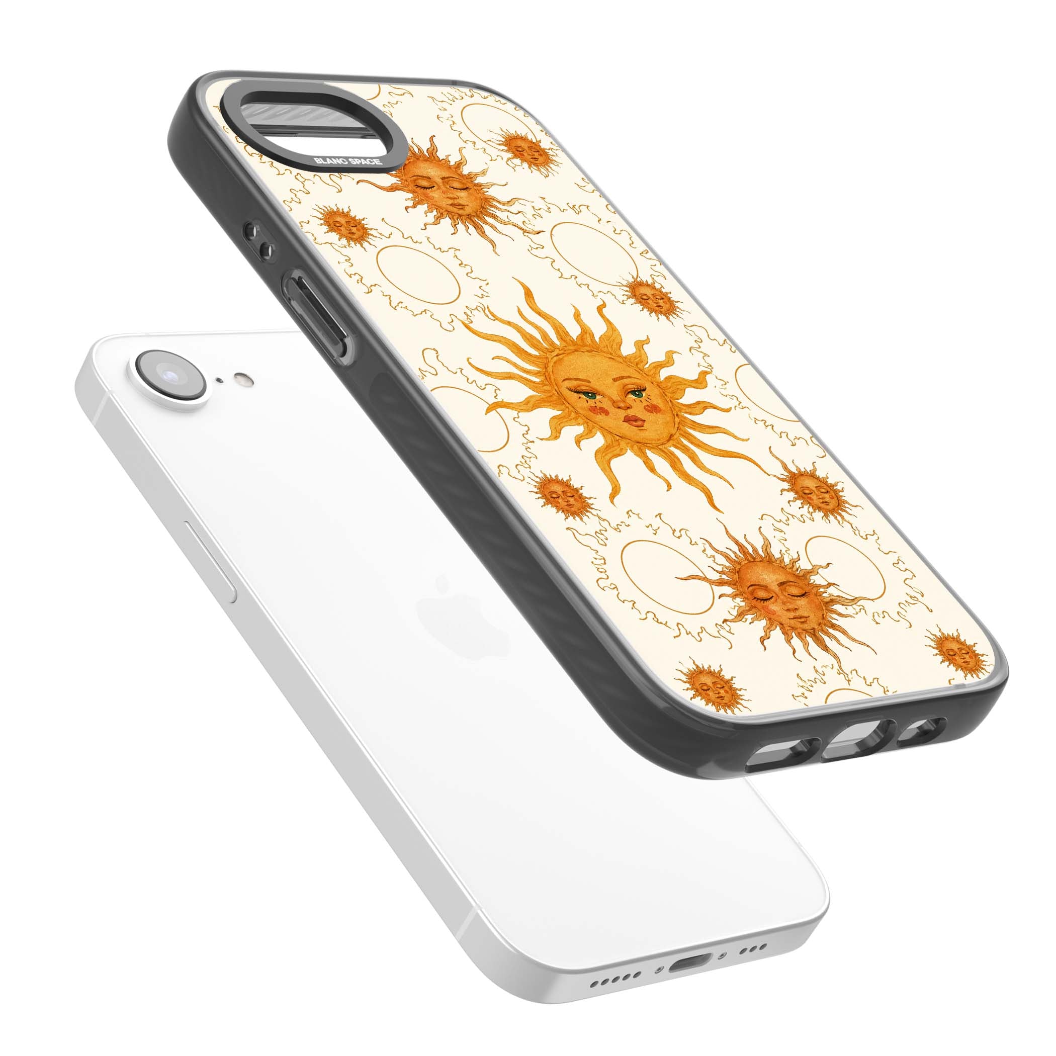 Solstice Muse celestial iPhone case featuring hand-painted golden sun faces, closed-eye sun goddesses and outlined moons... | Black Impact Magsafe case for iPhone 16e, iPhone 17e