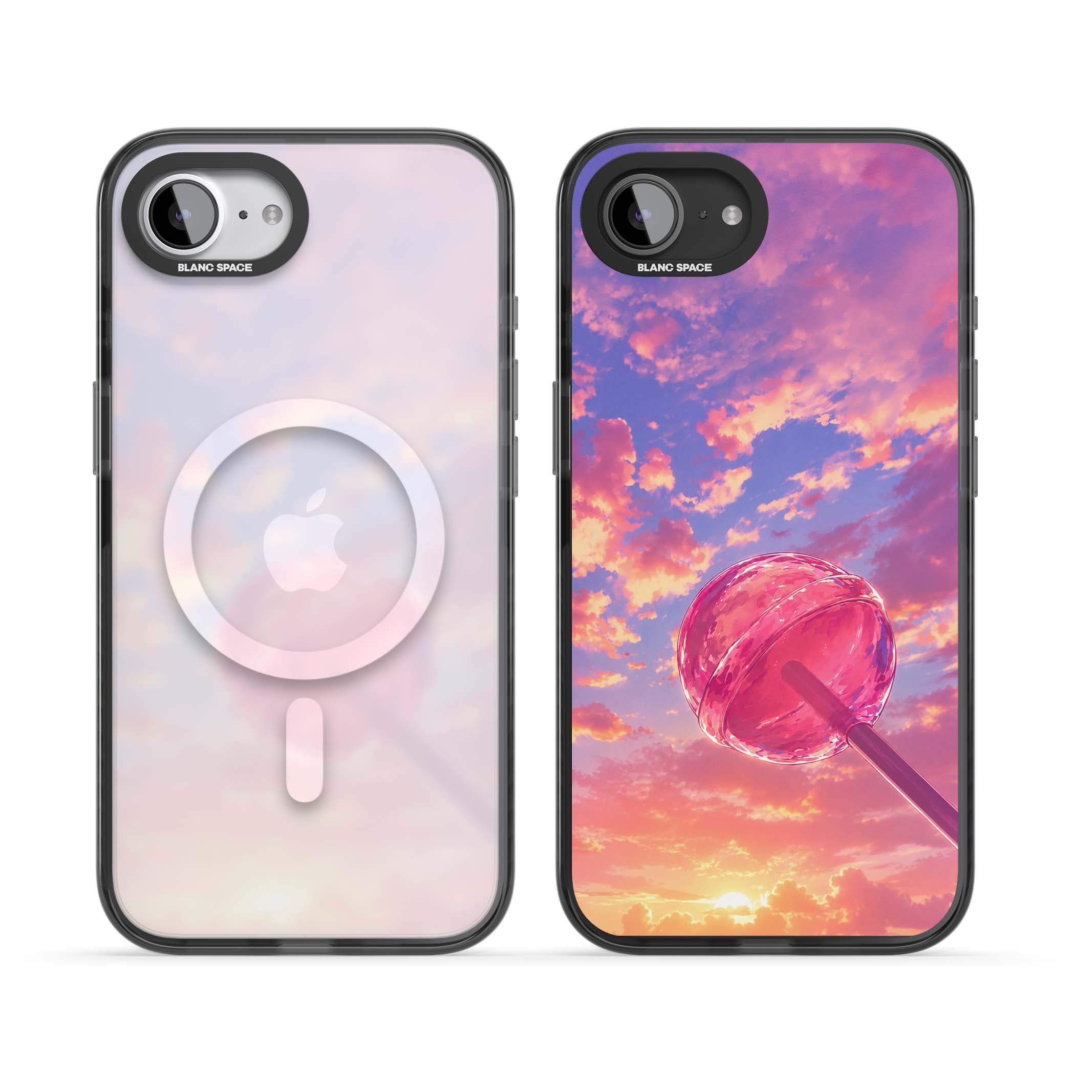 Sugar Sunset candy aesthetic iPhone case featuring a pink lollipop, pastel sunset sky and dreamy clouds | Black Impact Magsafe case for iPhone 16e, iPhone 17e