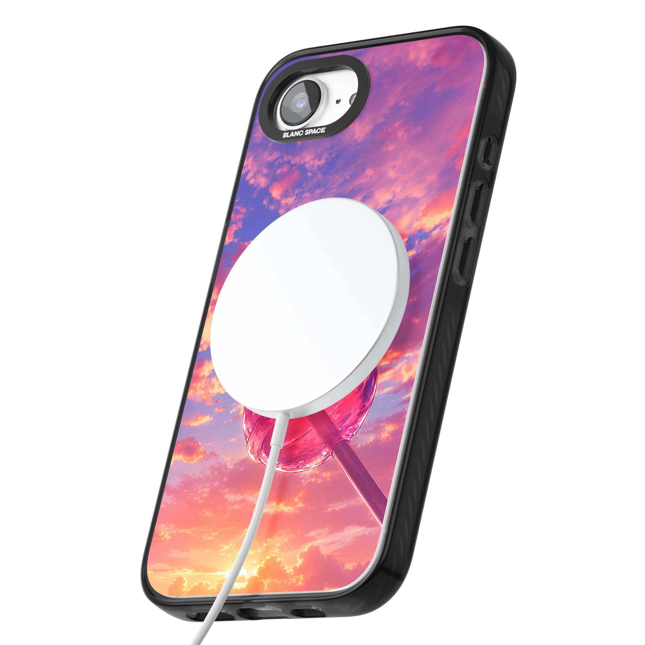 Sugar Sunset candy aesthetic iPhone case featuring a pink lollipop, pastel sunset sky and dreamy clouds | Black Impact Magsafe case for iPhone 16e, iPhone 17e