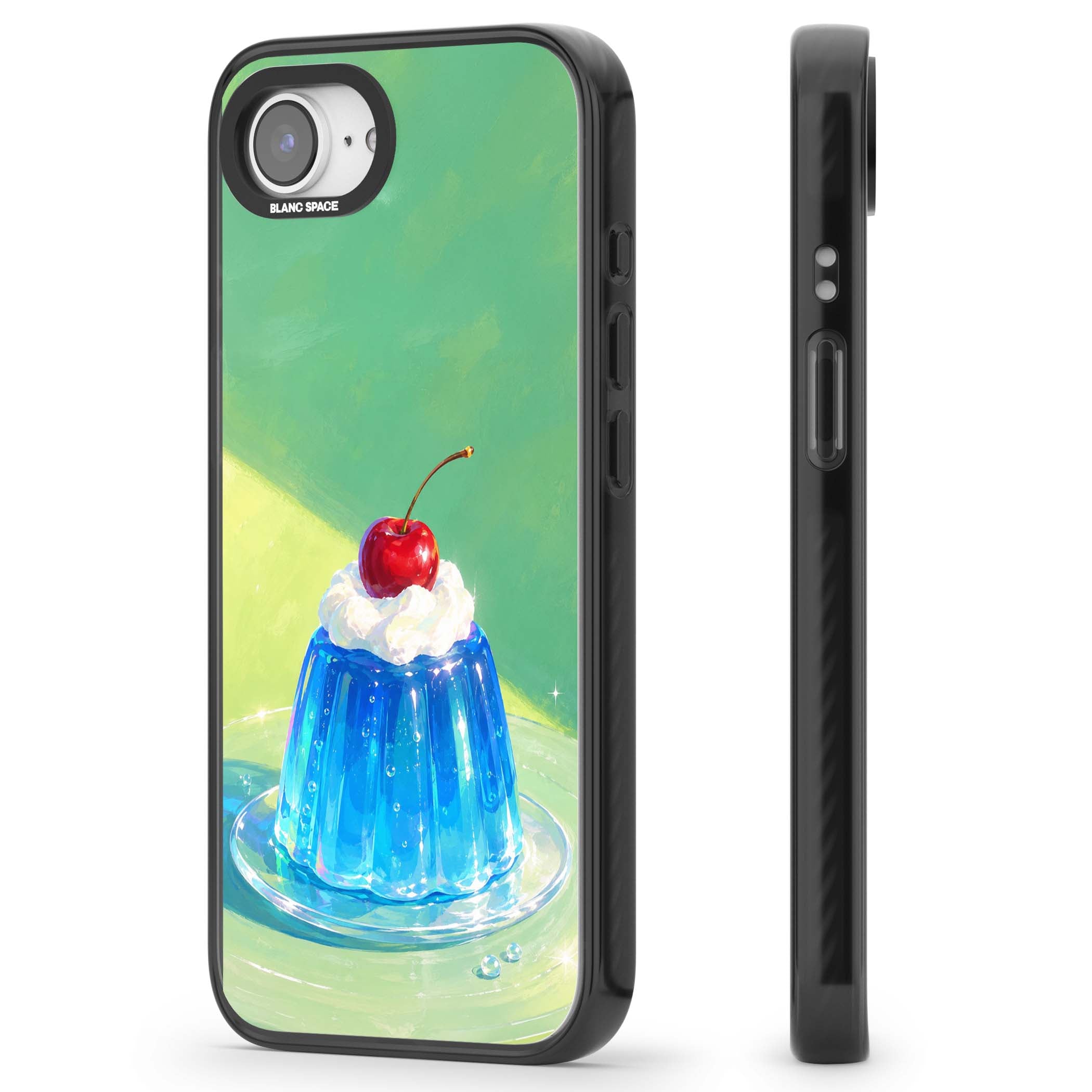 Cherry Jelly kawaii dessert iPhone case featuring blue jelly pudding, whipped cream and a red cherry | Black Impact Magsafe case for iPhone 16e, iPhone 17e